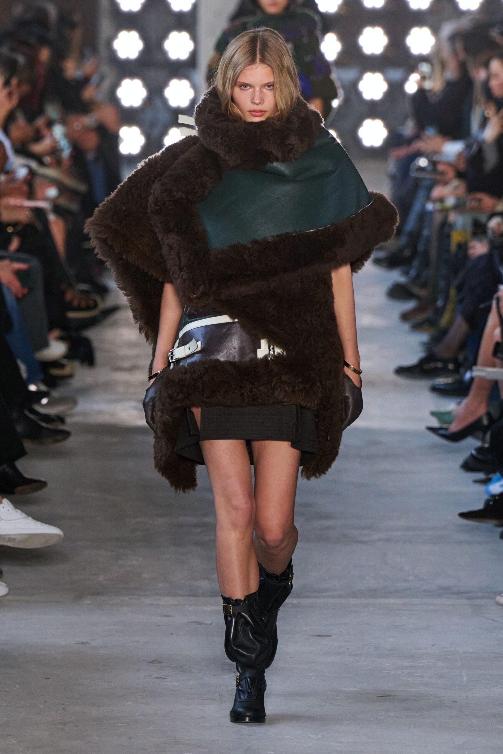 brown fur poncho black mini dress
