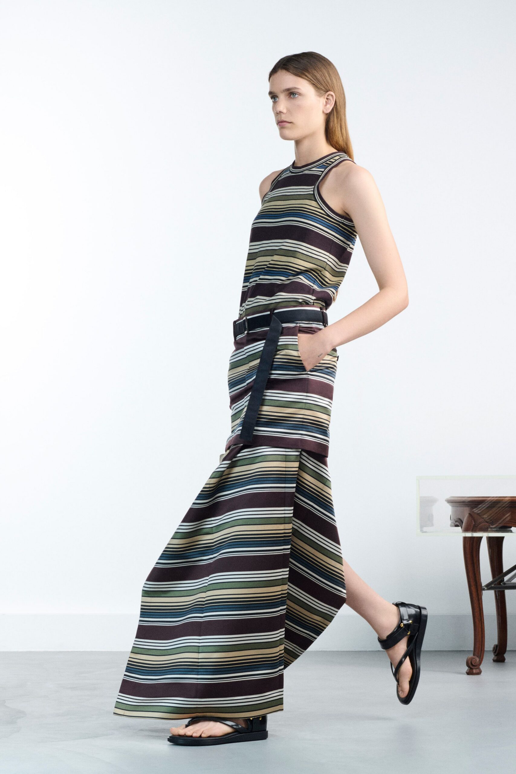 multi cotton sleeveless high-neck fitted striped belted dress