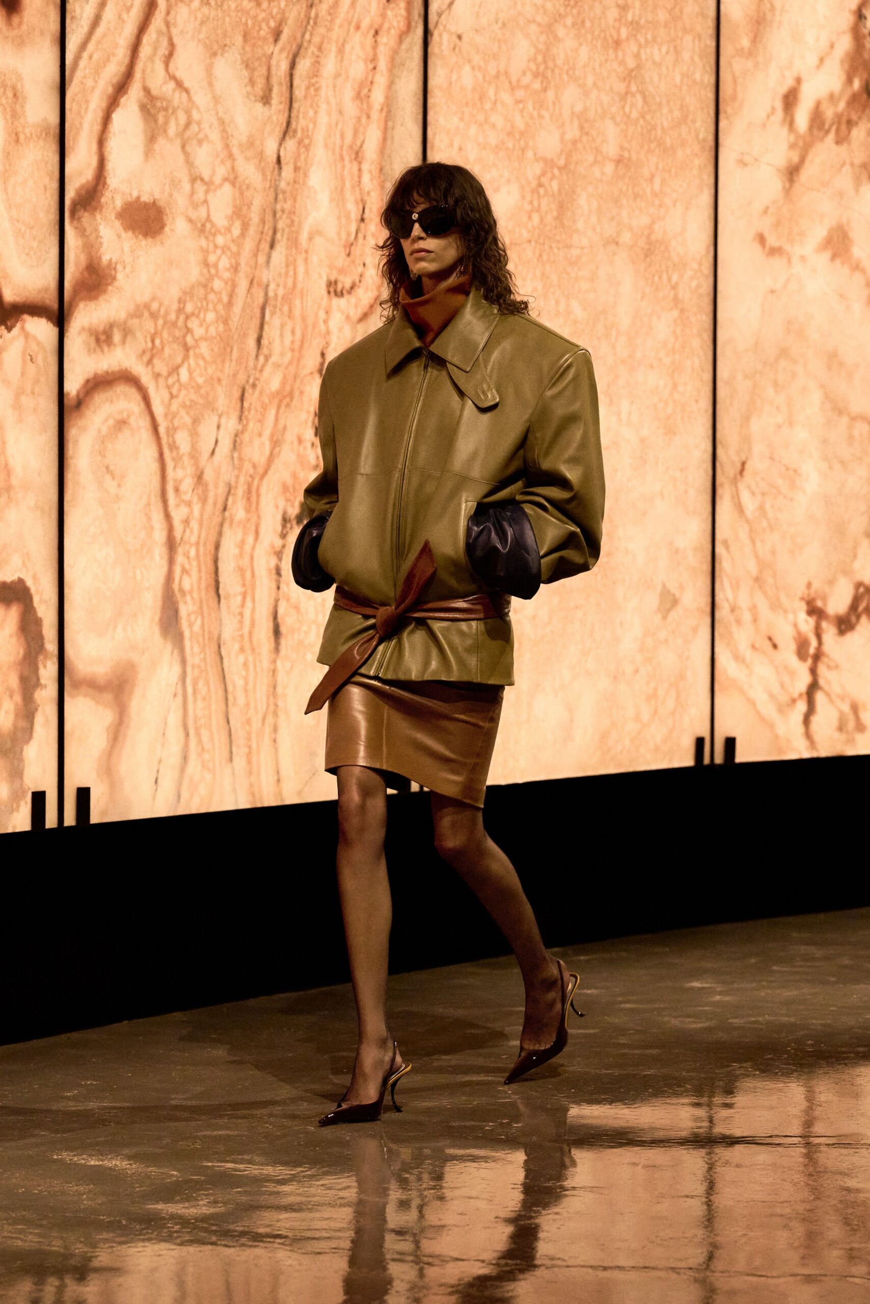green leather long-sleeve collared oversized zippered jacket