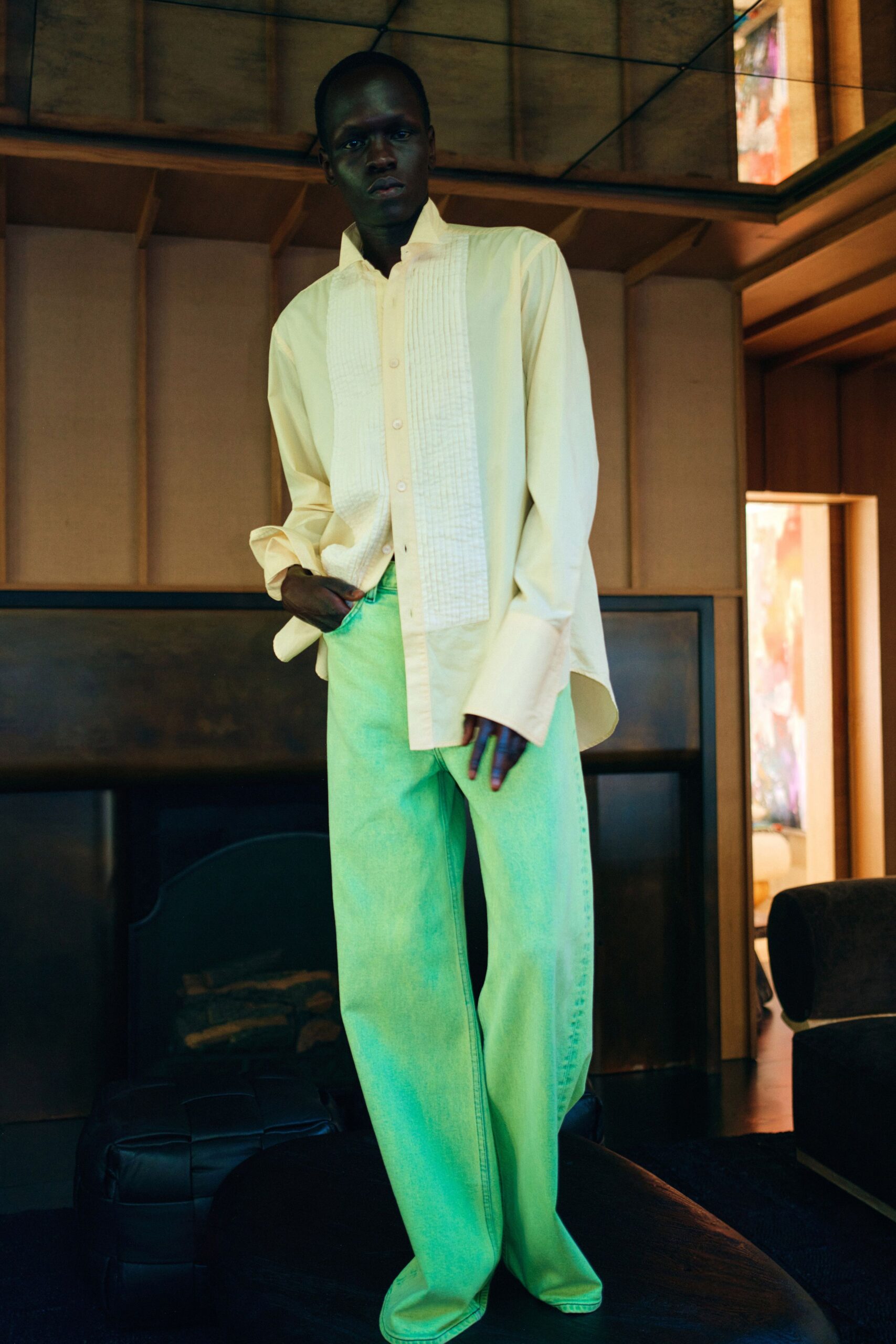 green denim relaxed wide-leg pants