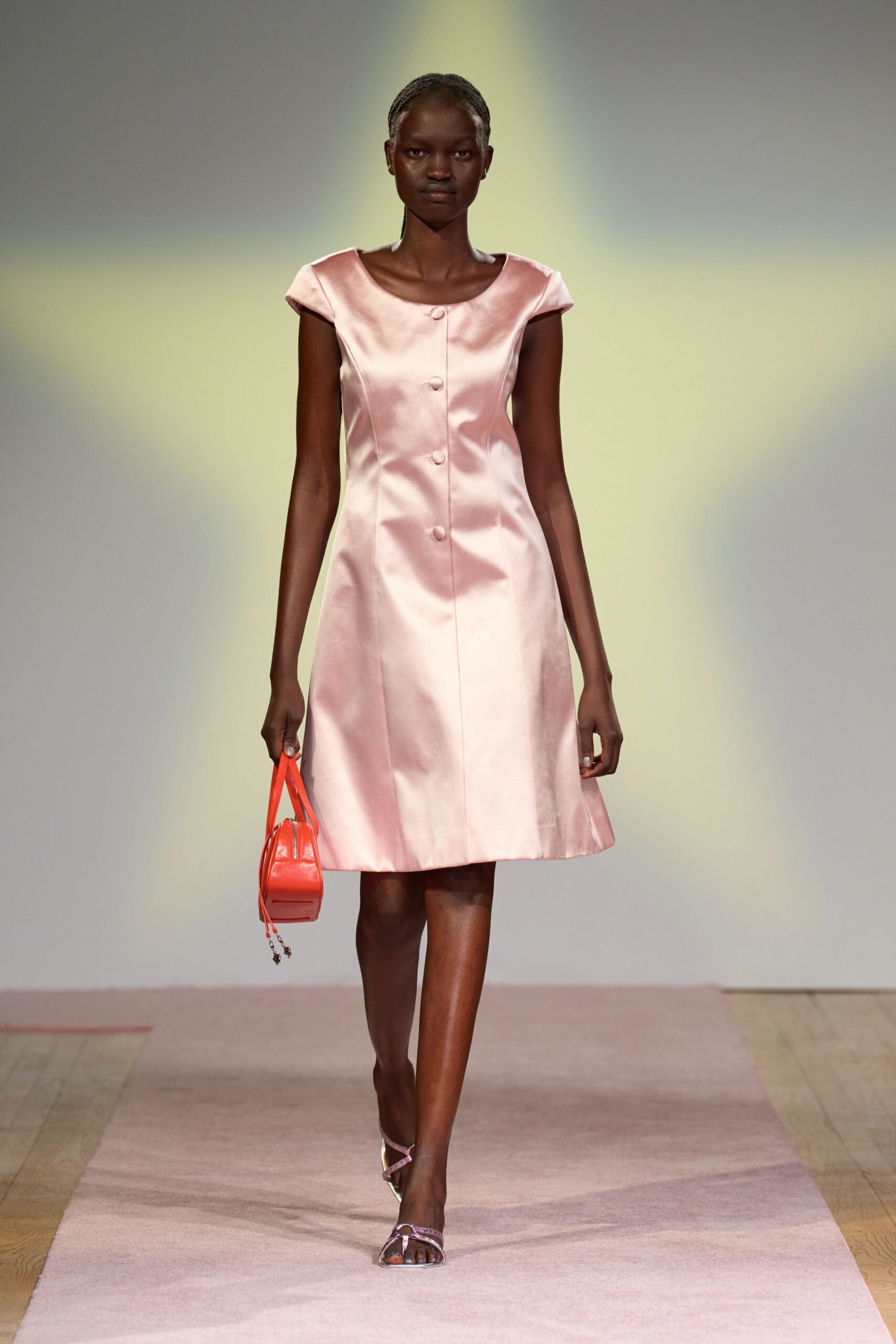 pink silk short-sleeve collared fitted buttoned a-line dress