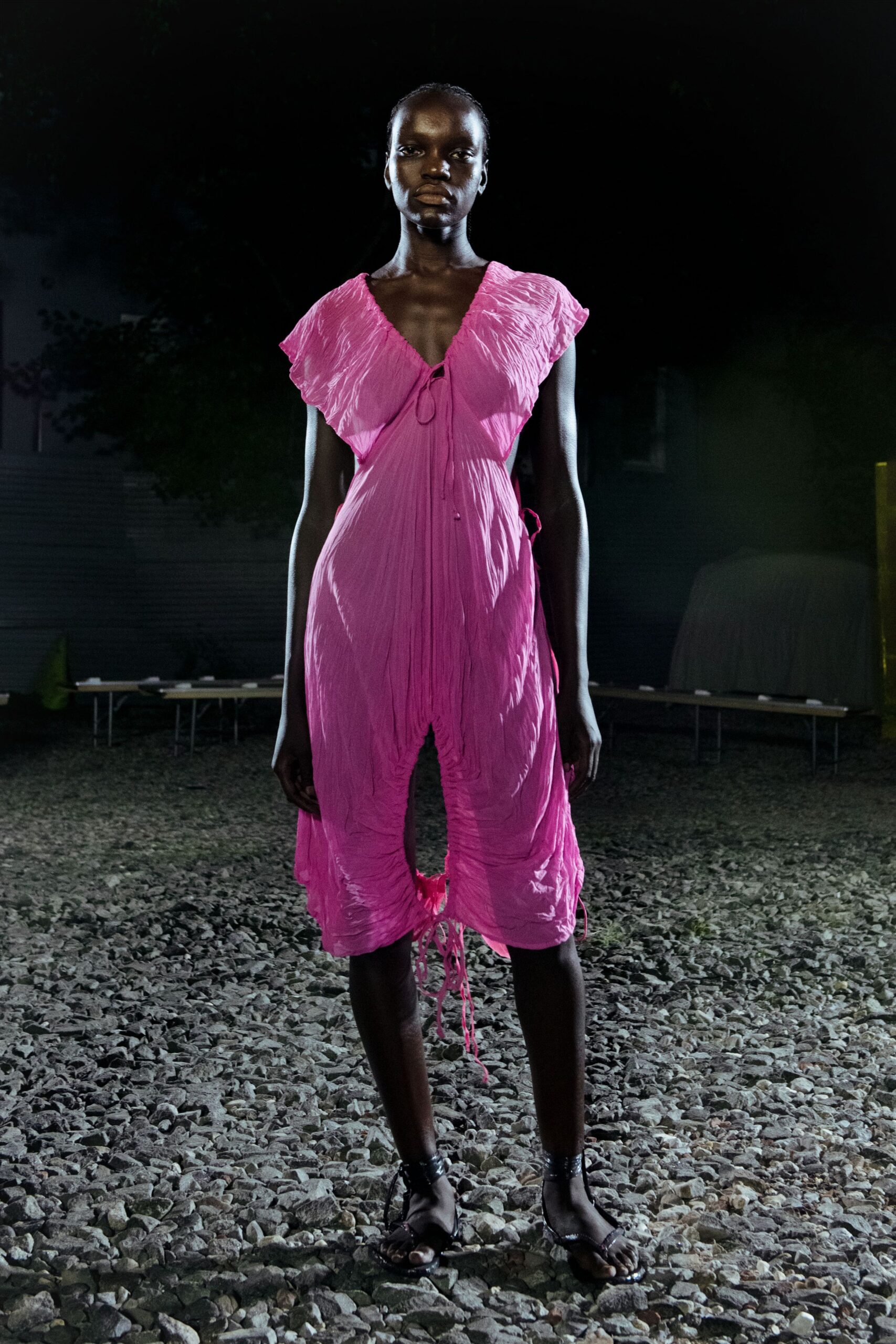 pink cotton sleeveless v-neck relaxed pleated draped dress