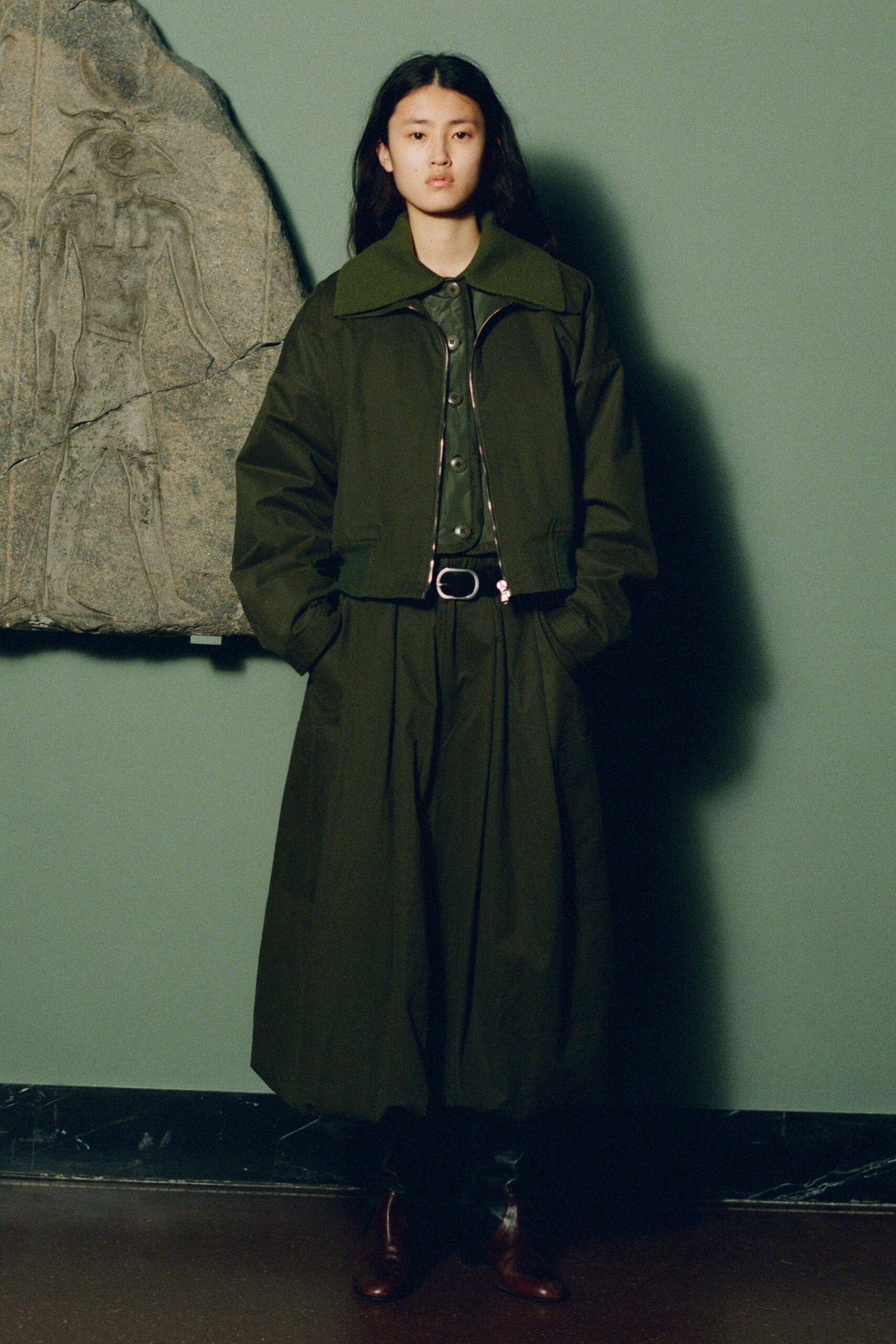 green jacket and midi dress