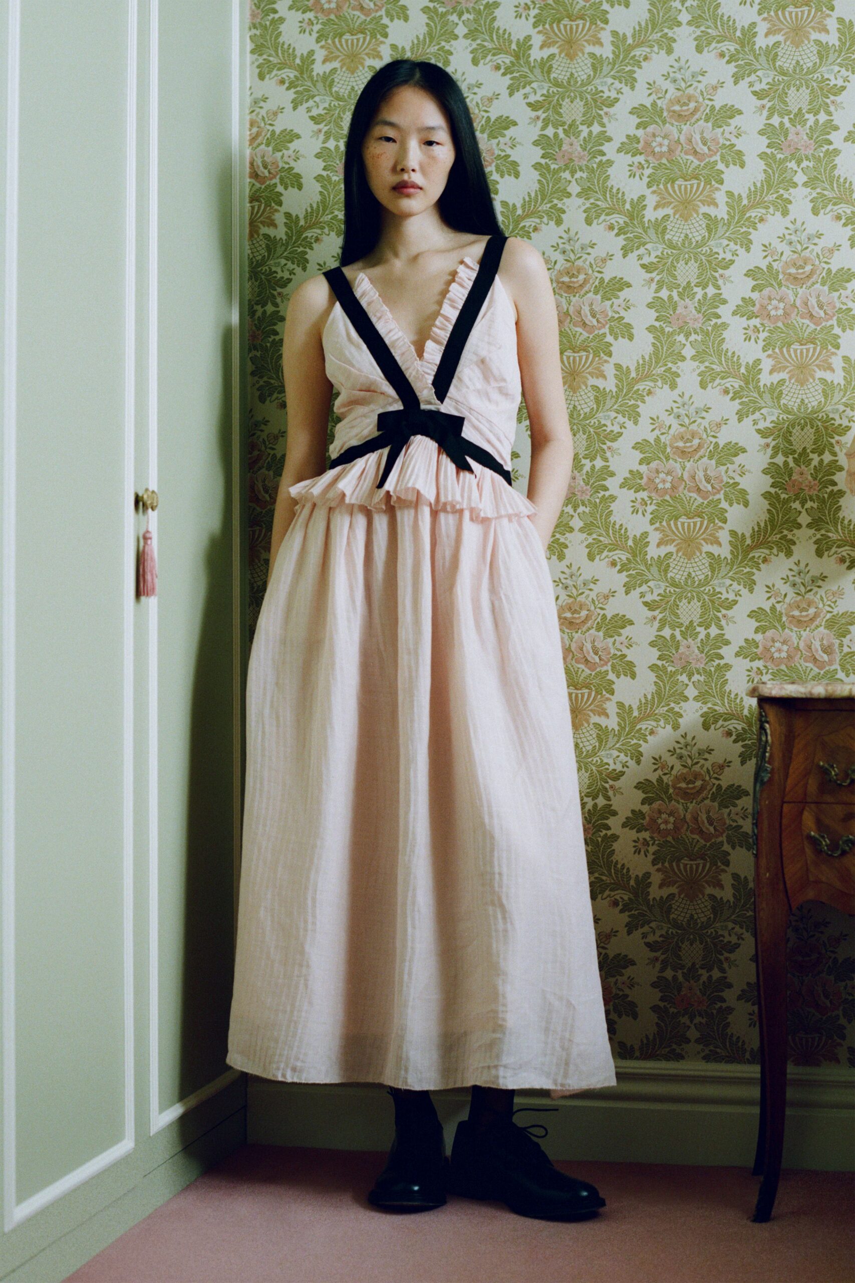 pink cotton maxi dress with ruffles