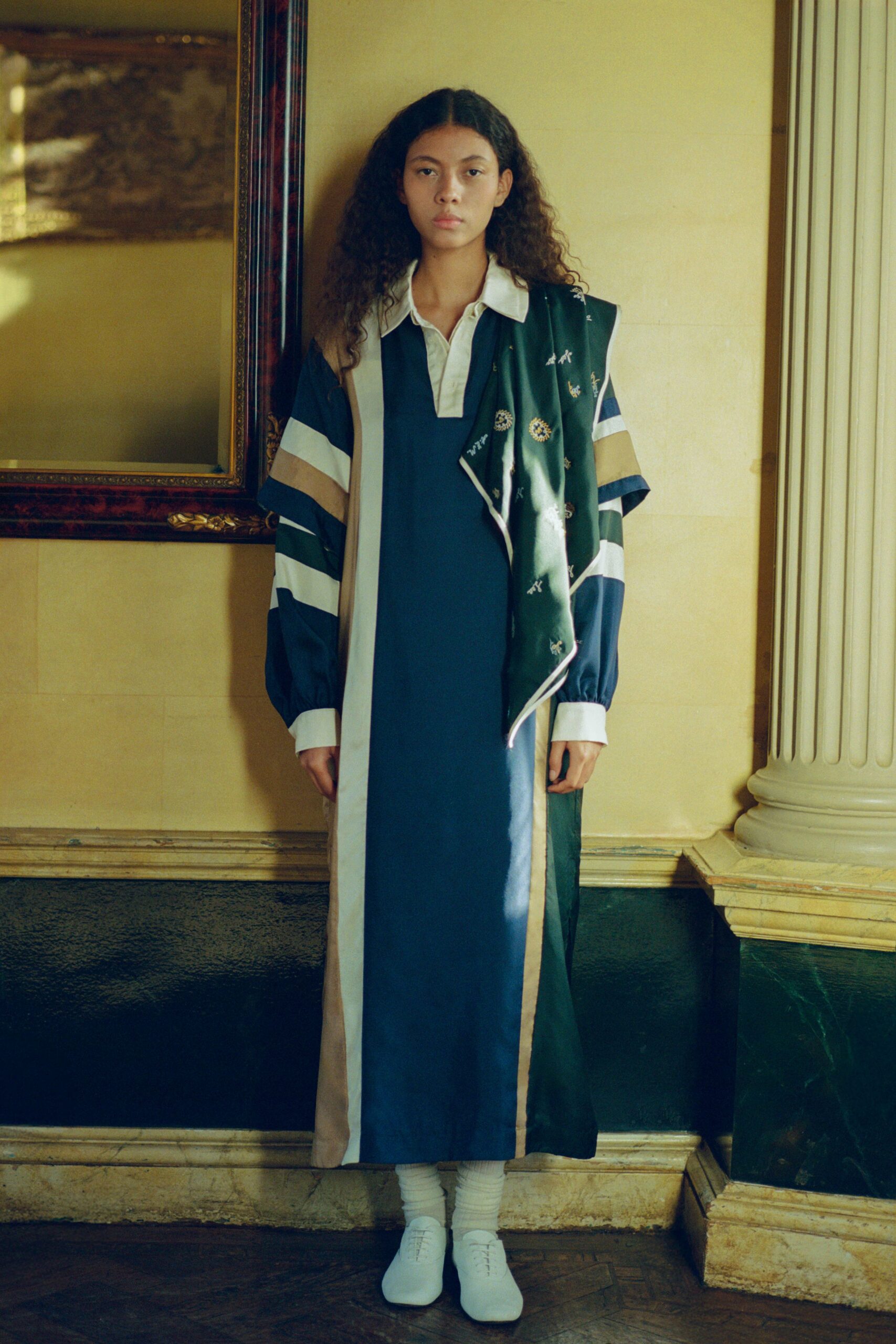 blue cotton long-sleeve collared relaxed layered maxi dress