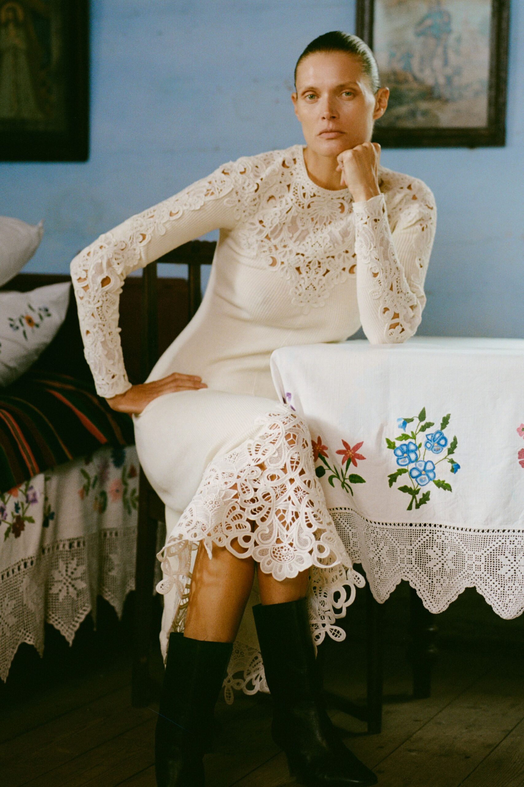 white embroidered midi dress with black boots