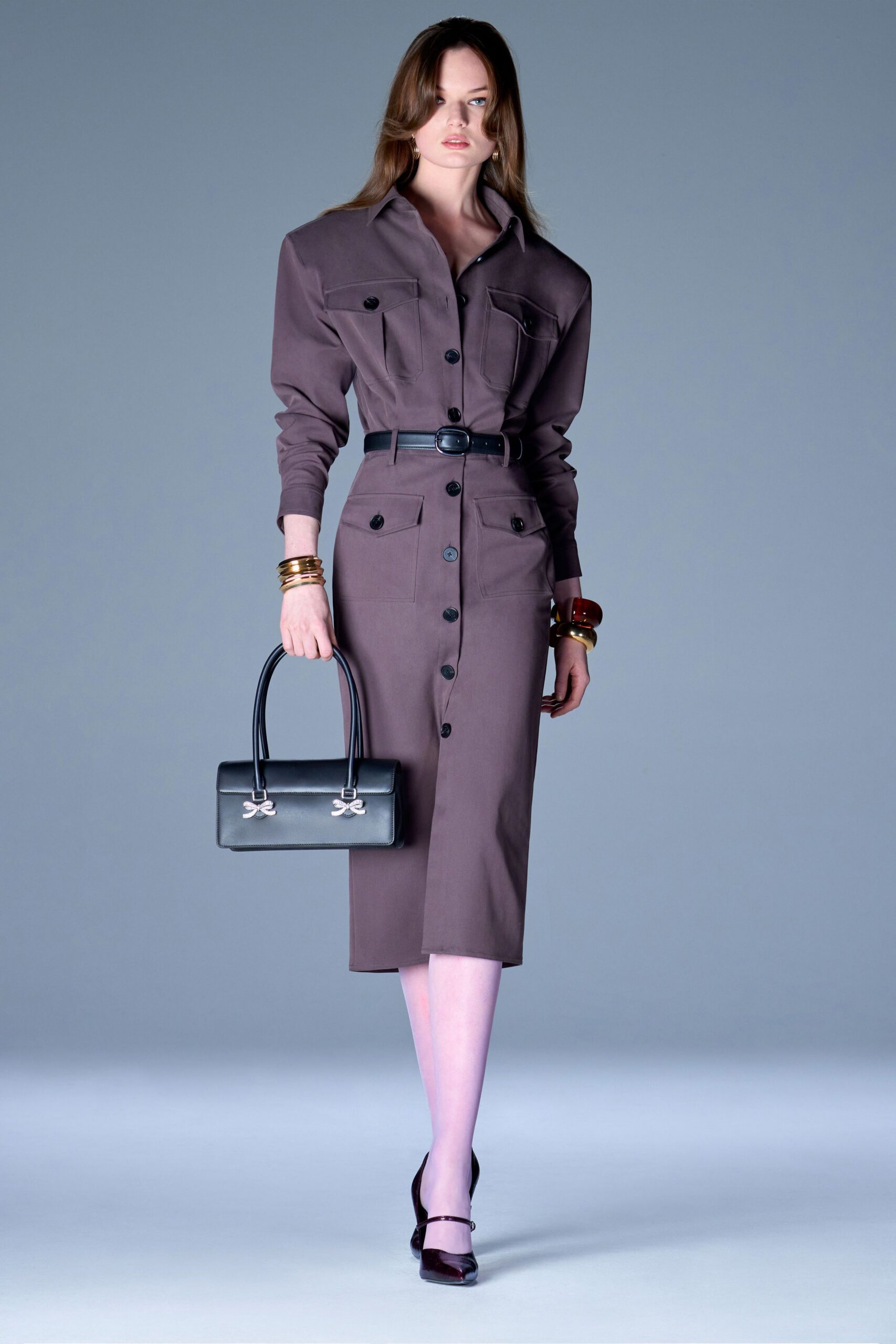 gray cotton long-sleeve collared fitted buttoned belted shirt-dress