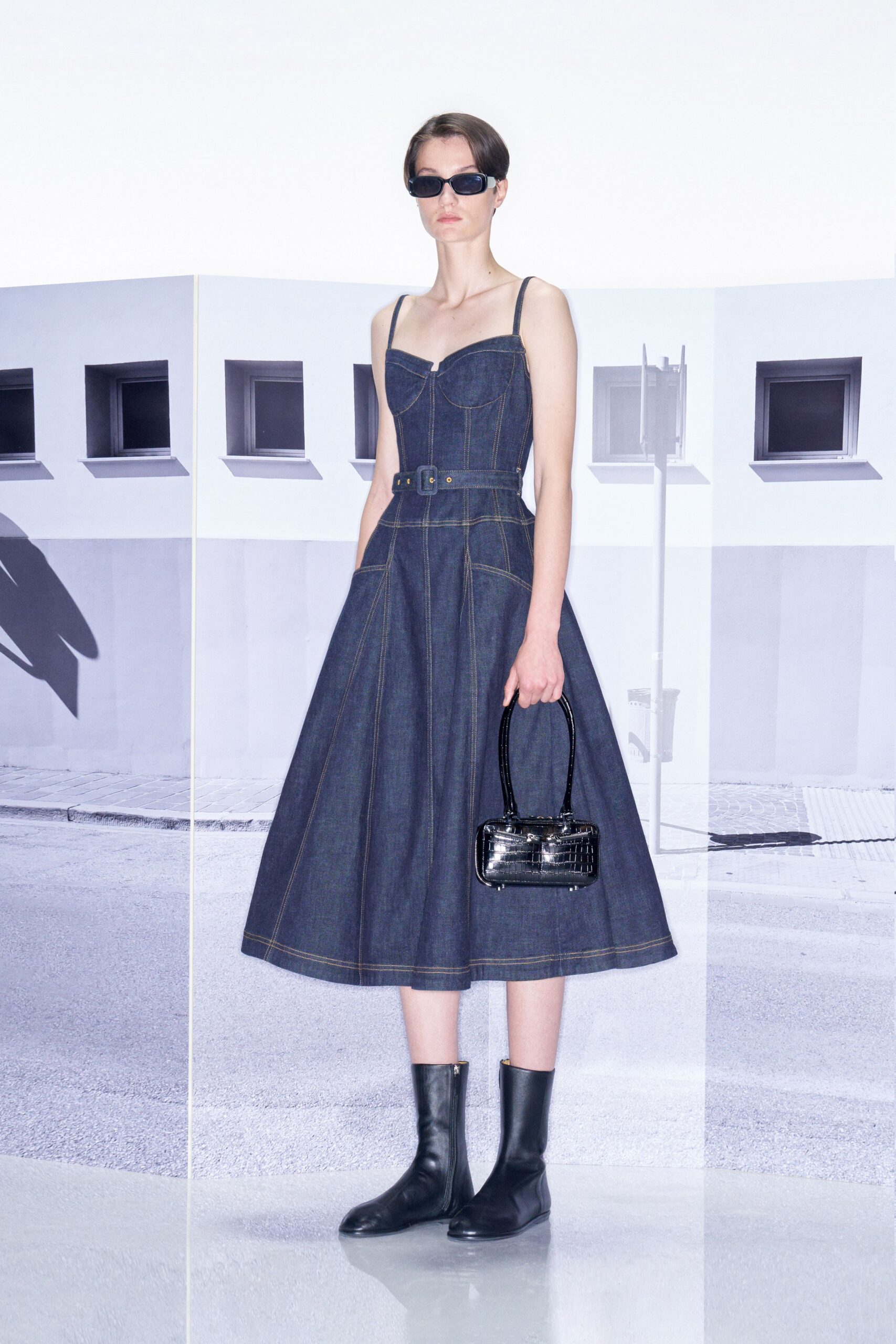 blue denim sleeveless v-neck fitted belted a-line dress