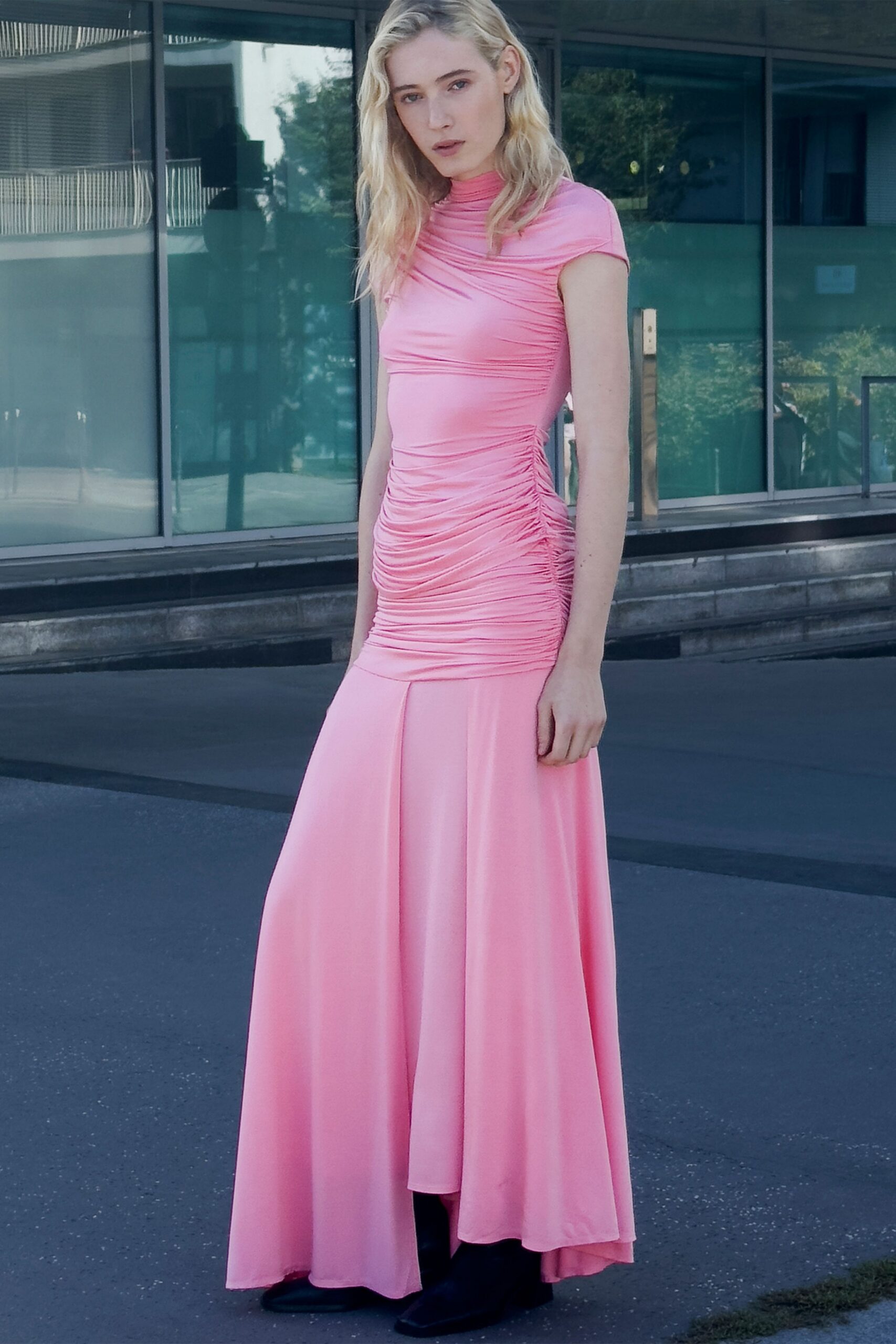 pink silk fitted gown with boots