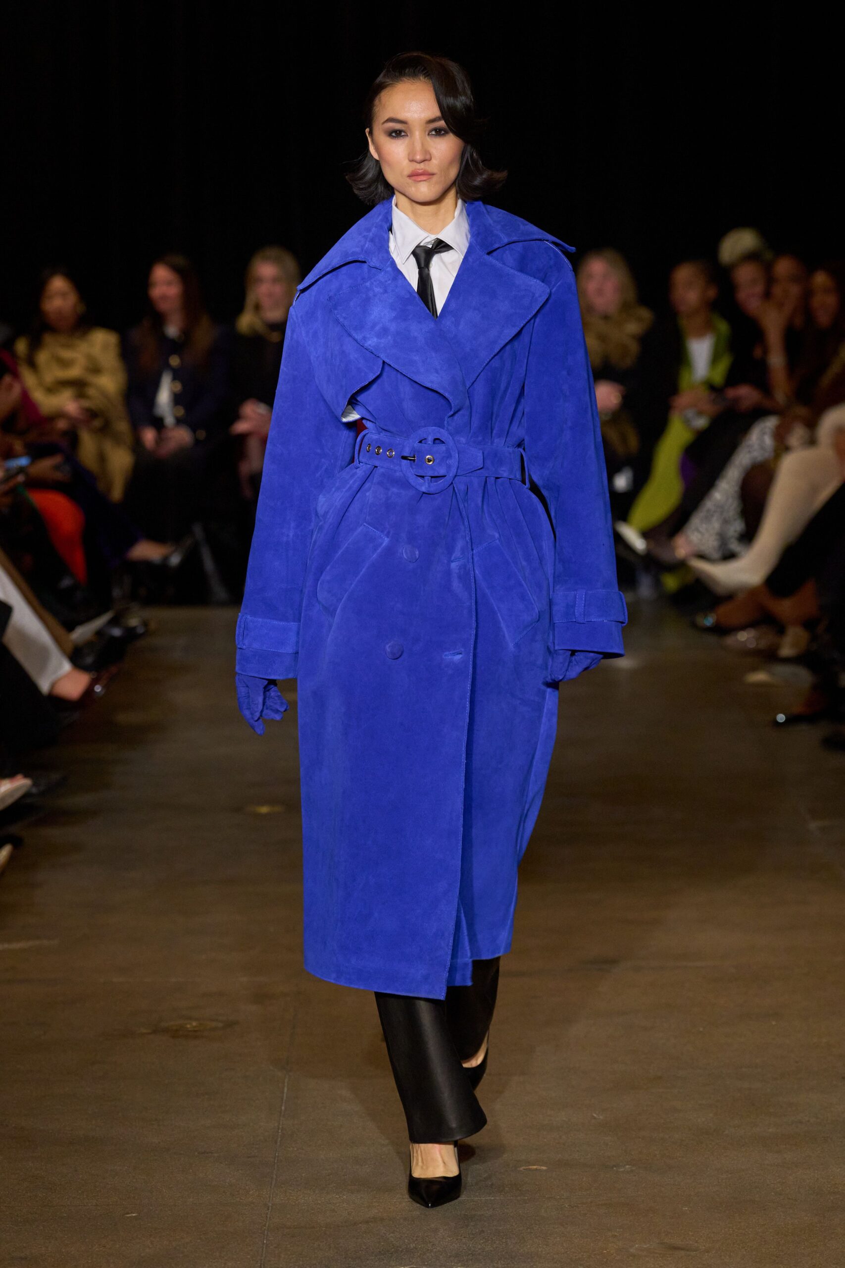 blue suede long-sleeve collared tailored belted coat