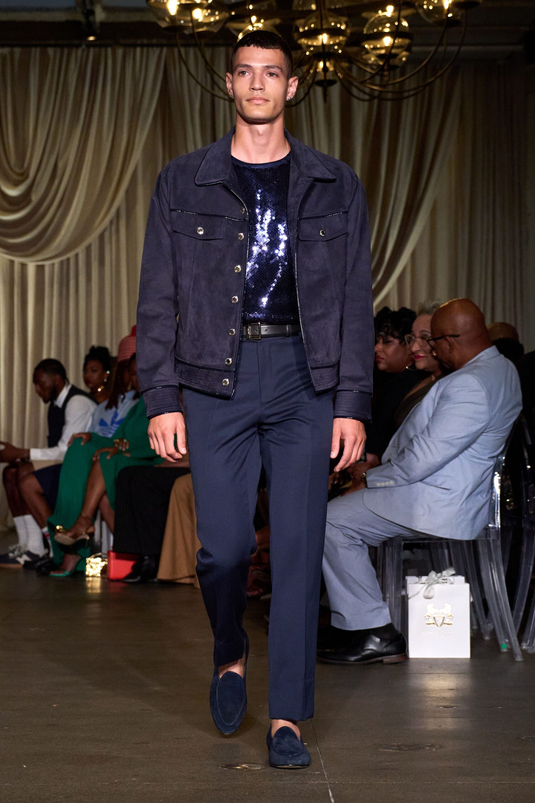blue suede long-sleeve collared structured jacket