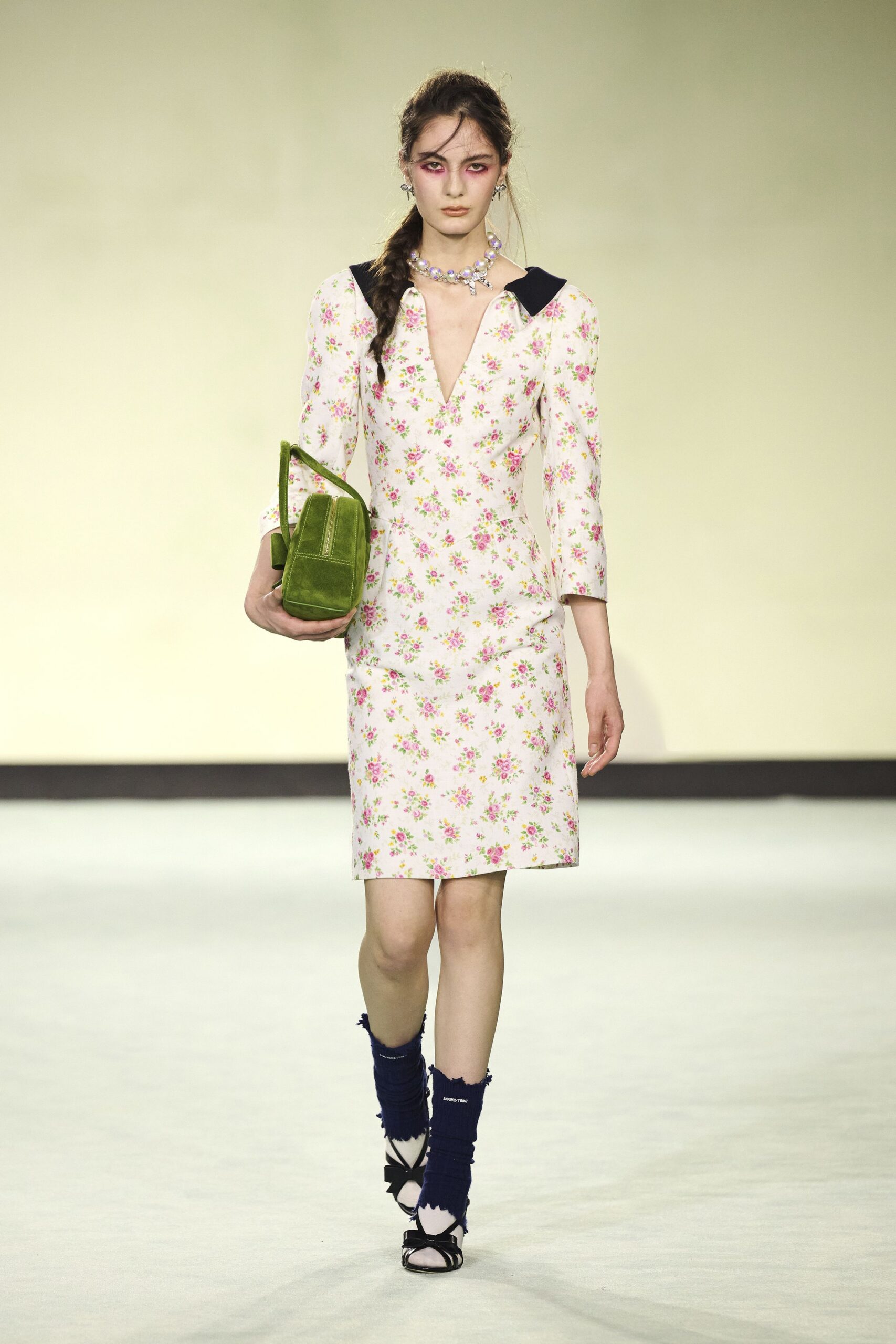 white cotton long-sleeve v-neck fitted floral buttoned dress