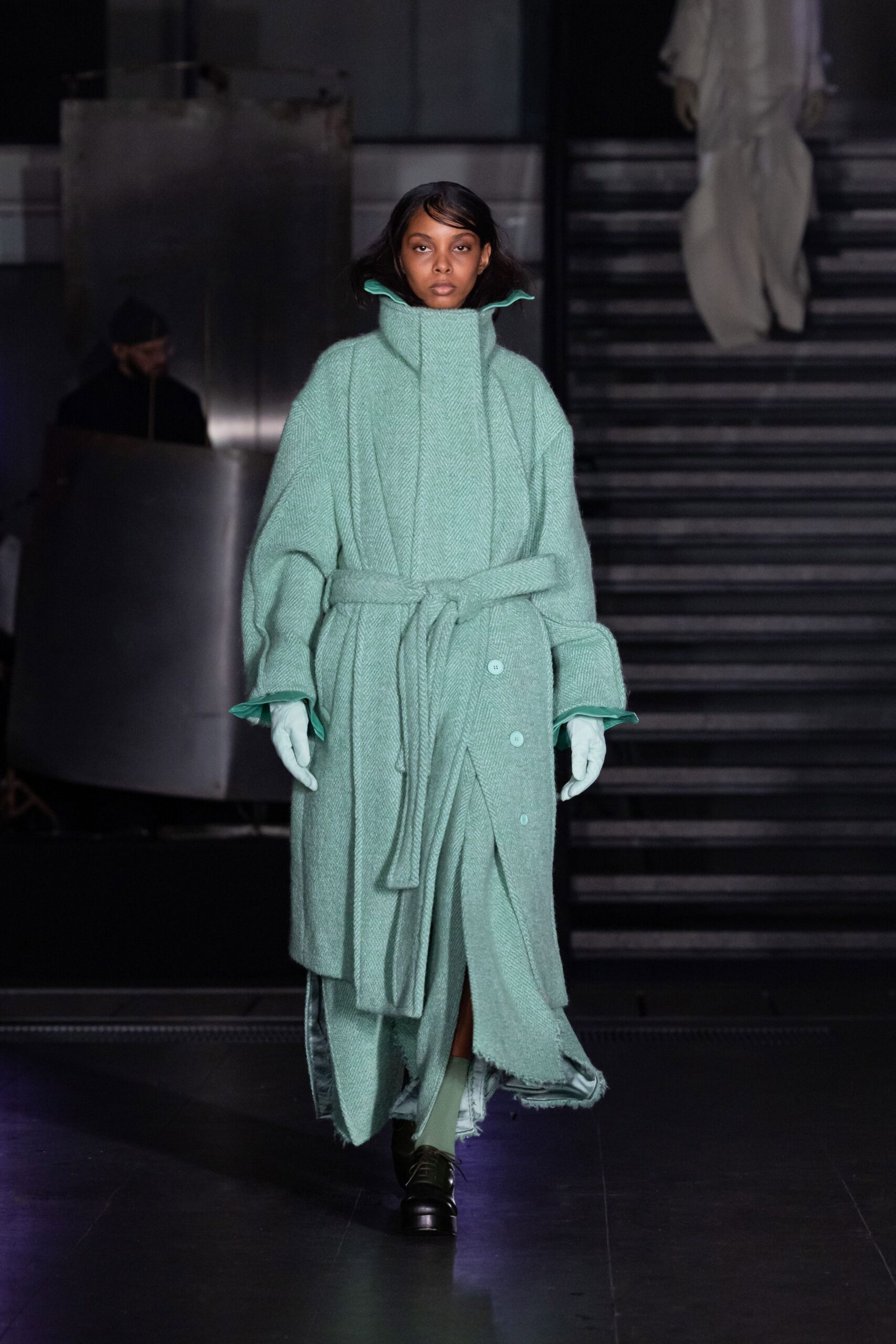 green wool long-sleeve collared relaxed belted midi coat