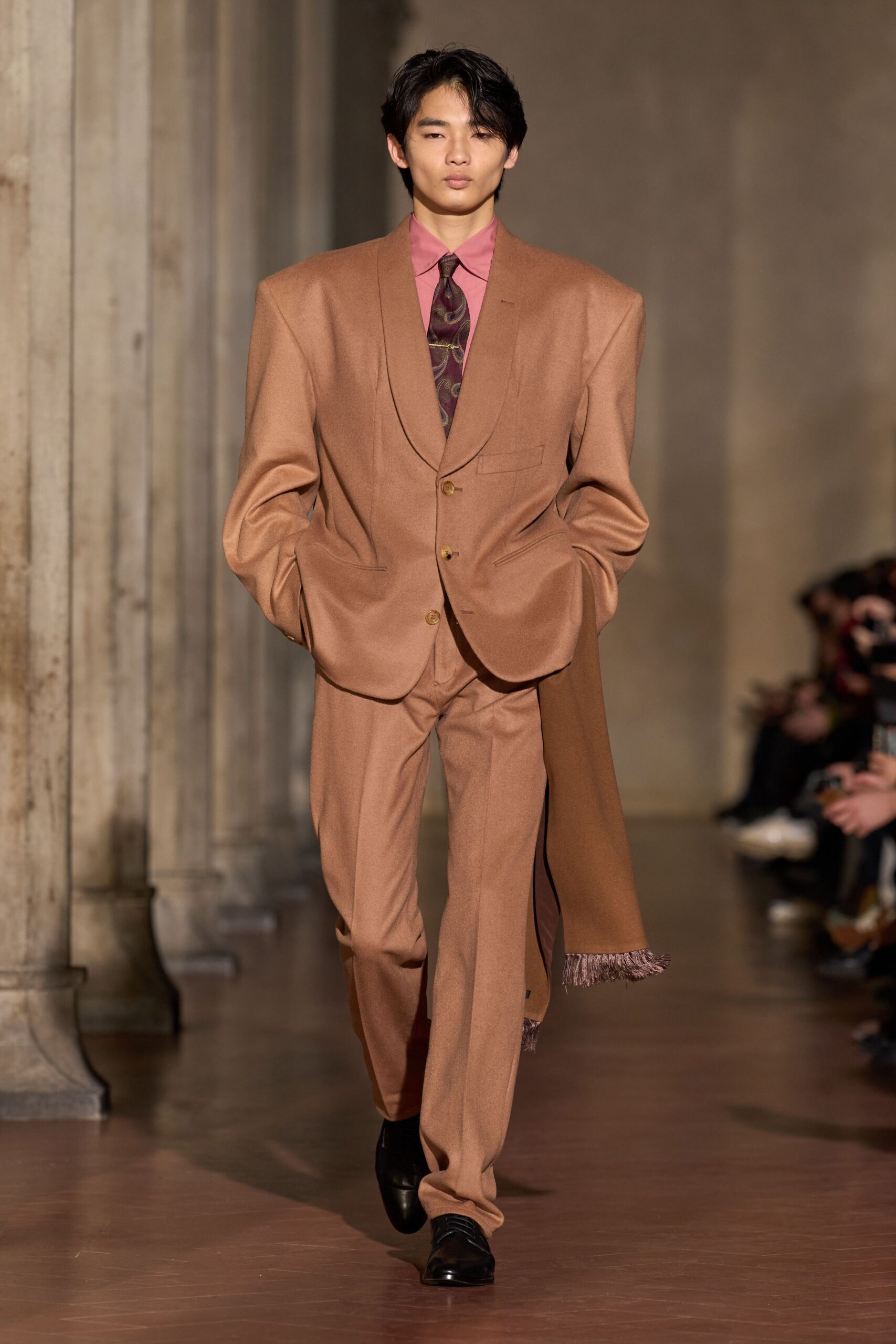 brown wool long-sleeve collared structured buttoned suit