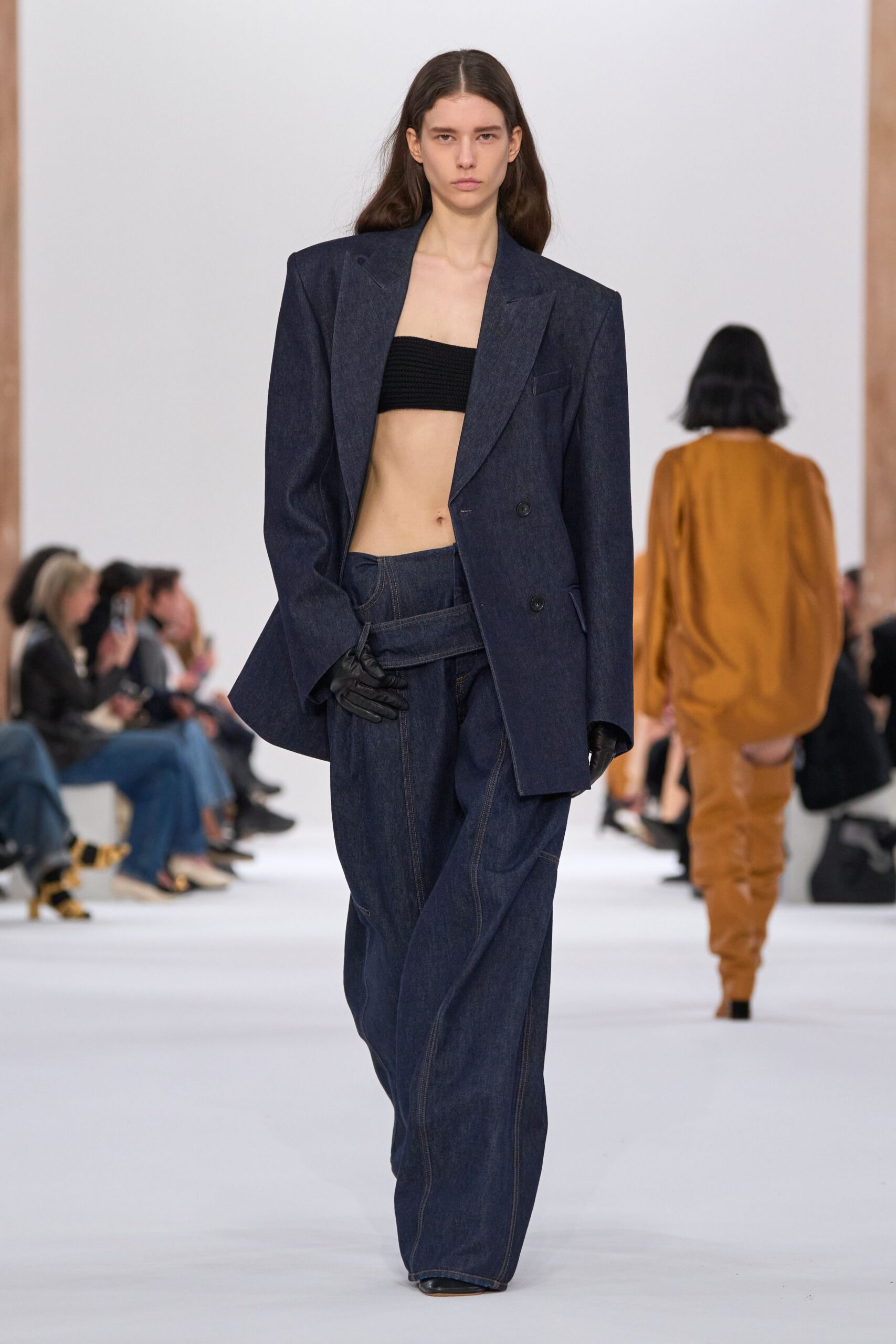 blue denim long-sleeve collared tailored blazer