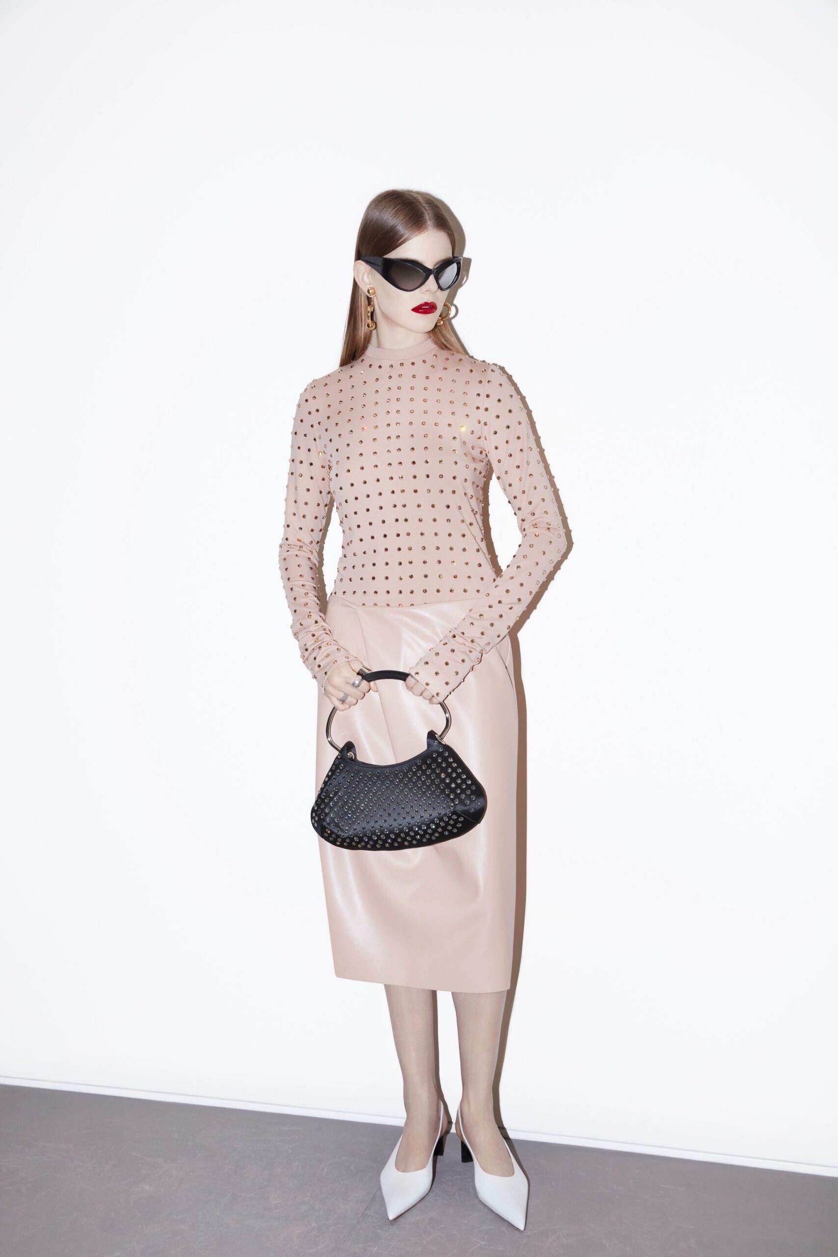 beige mesh long-sleeve high-neck fitted polka-dot sheer top