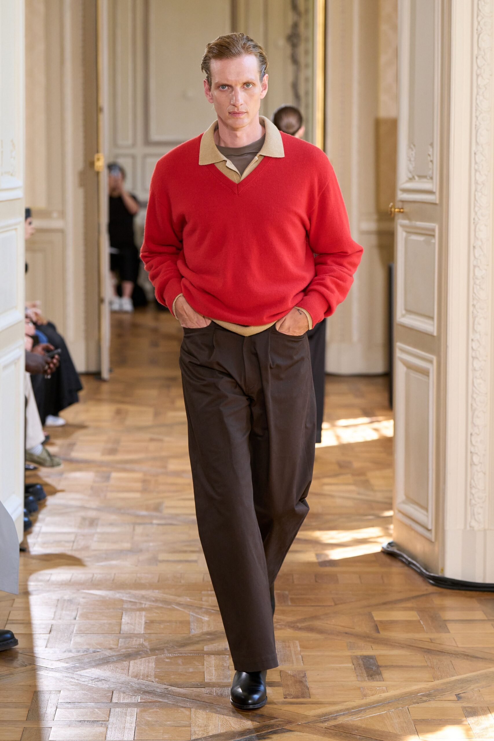 red wool sweater beige shirt brown pants