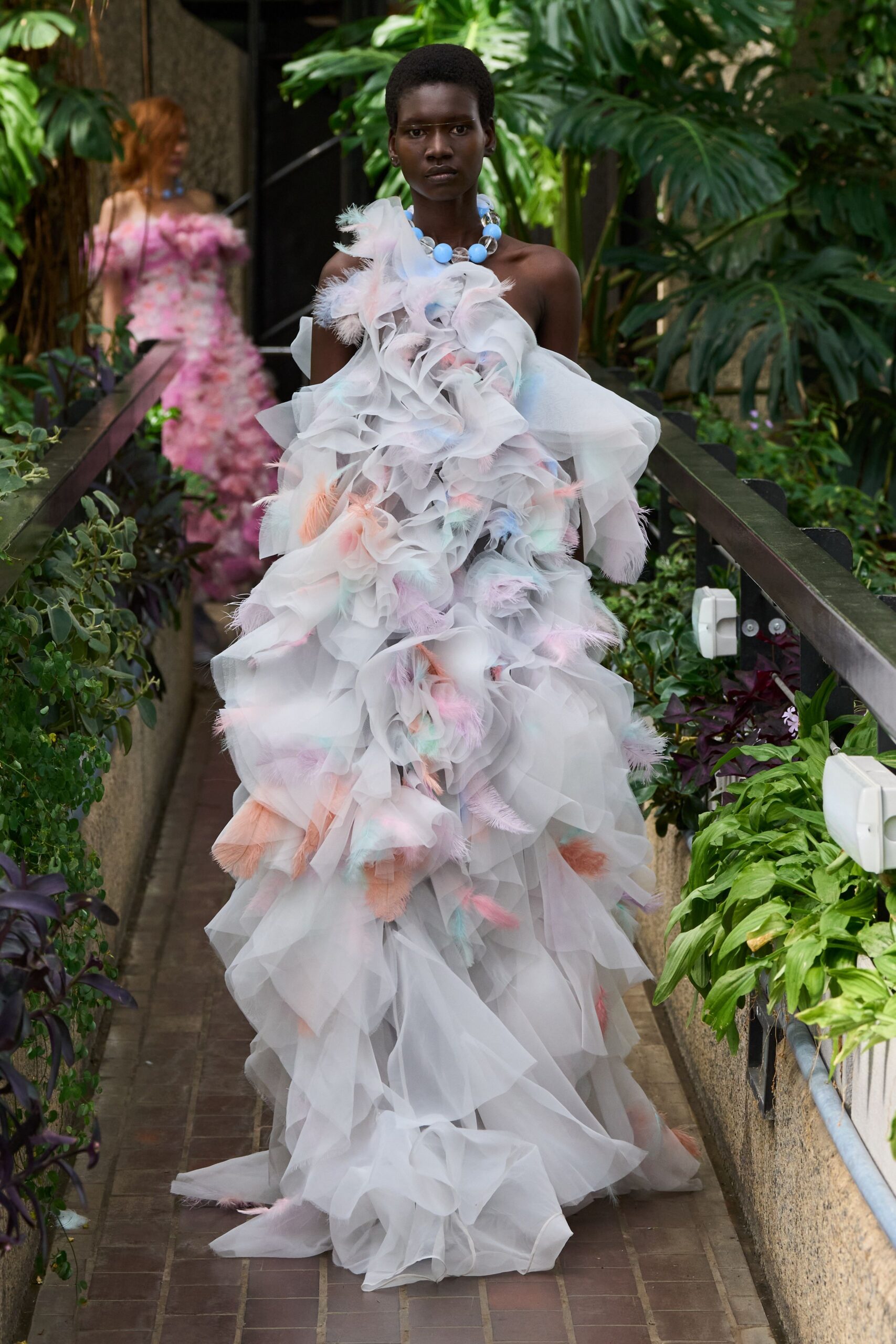 multi-colored ruffled tulle gown