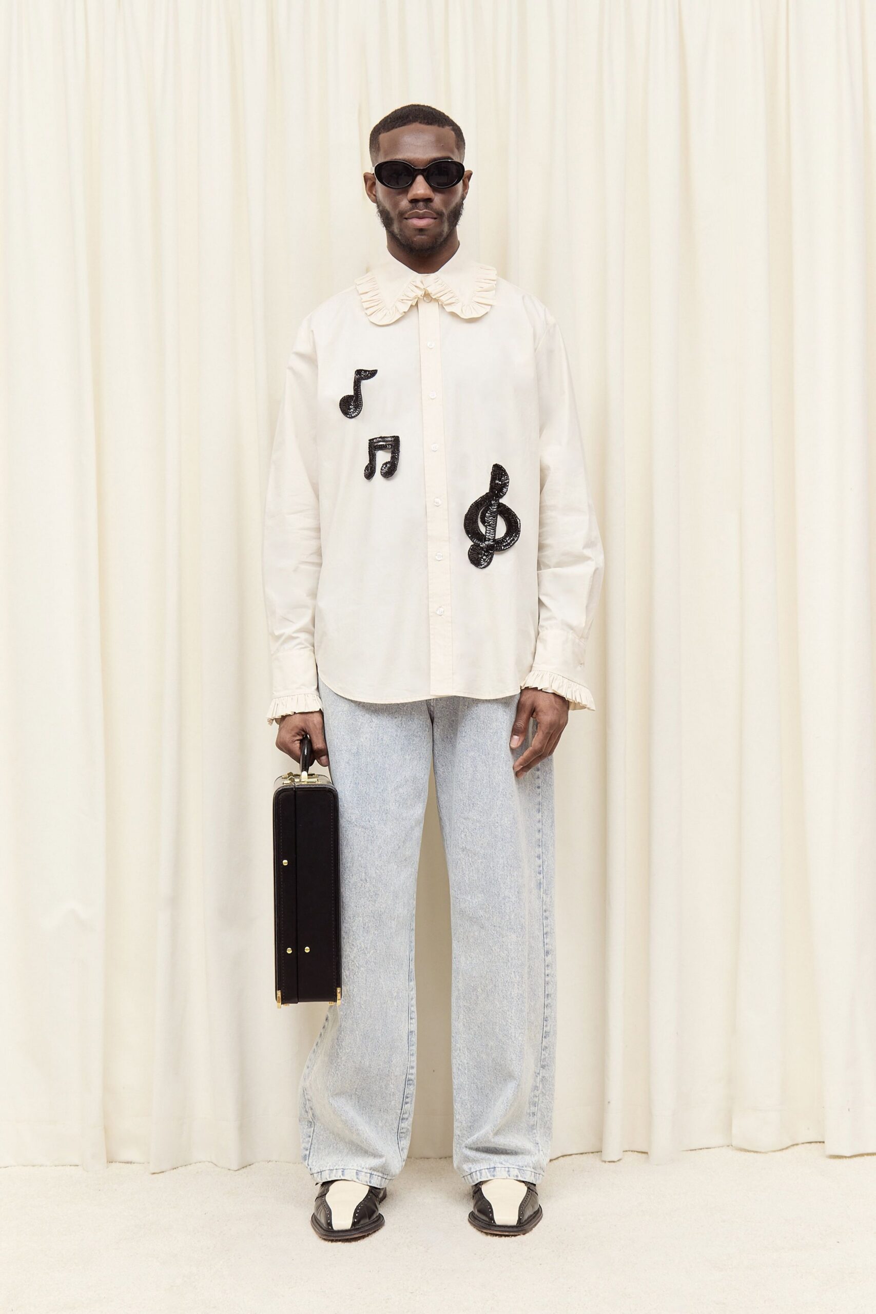 white cotton long-sleeve collared relaxed embroidered shirt