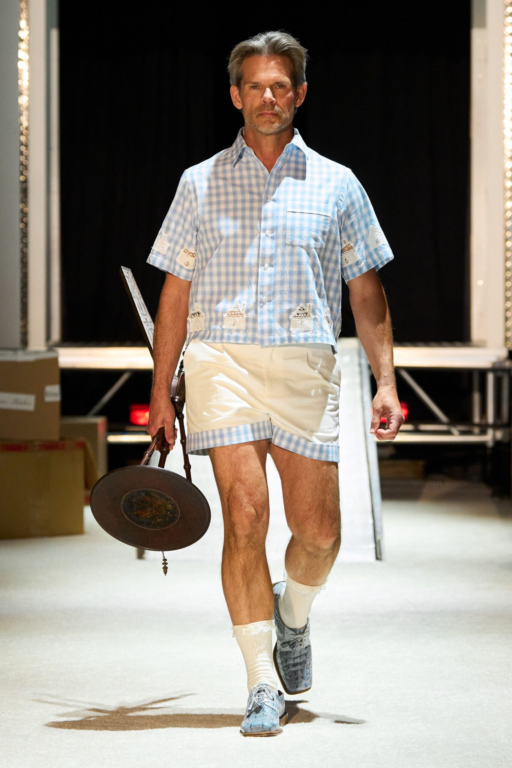 blue and white checked shirt with shorts