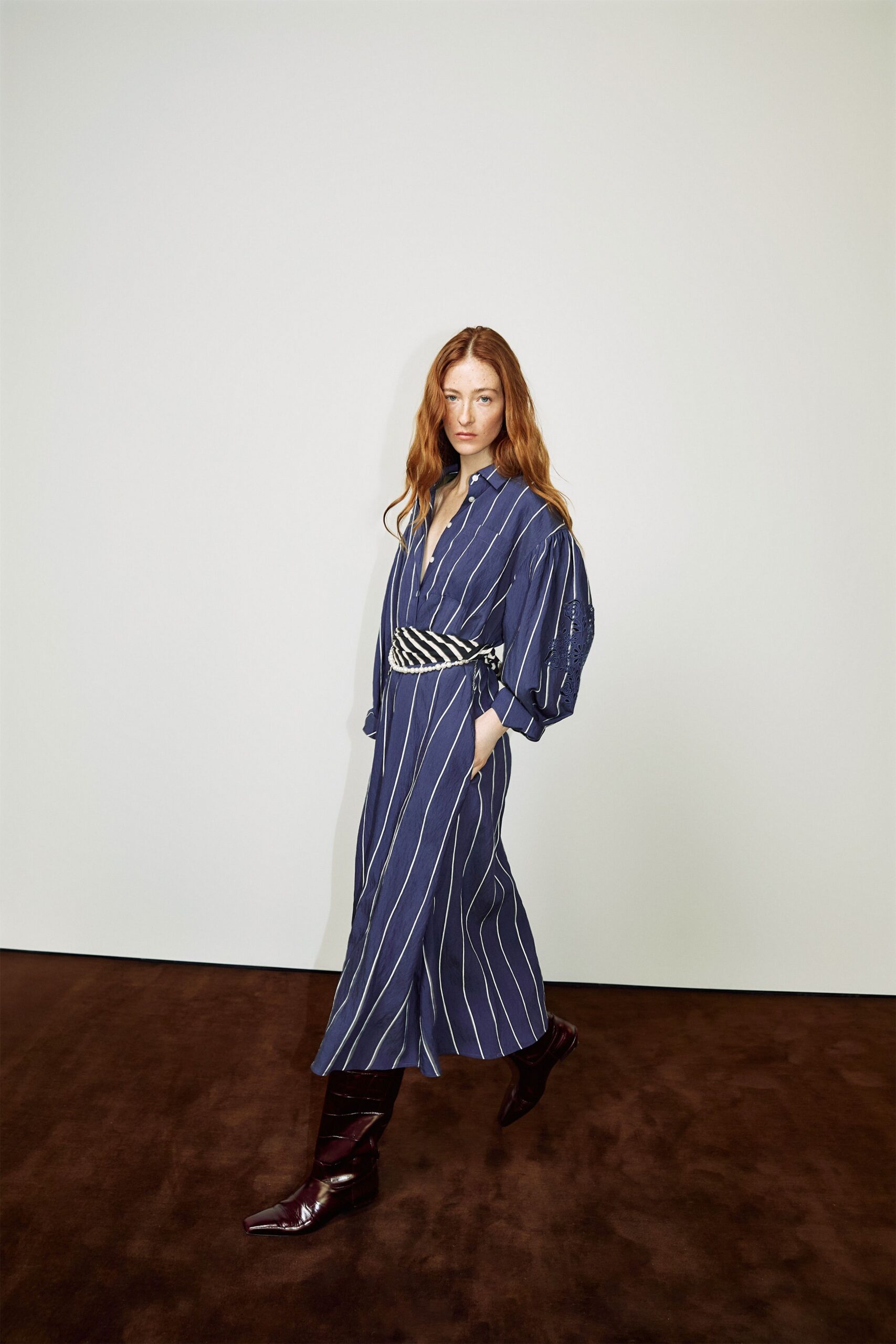 blue cotton long-sleeve v-neck relaxed striped belted dress