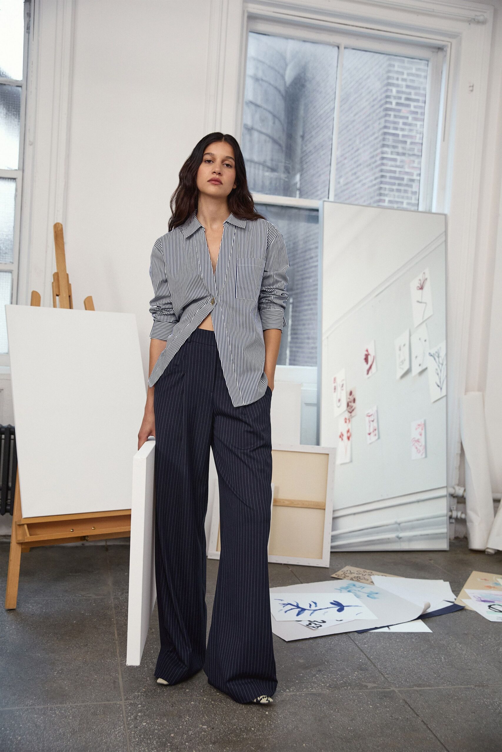 blue and white striped shirt with navy pants