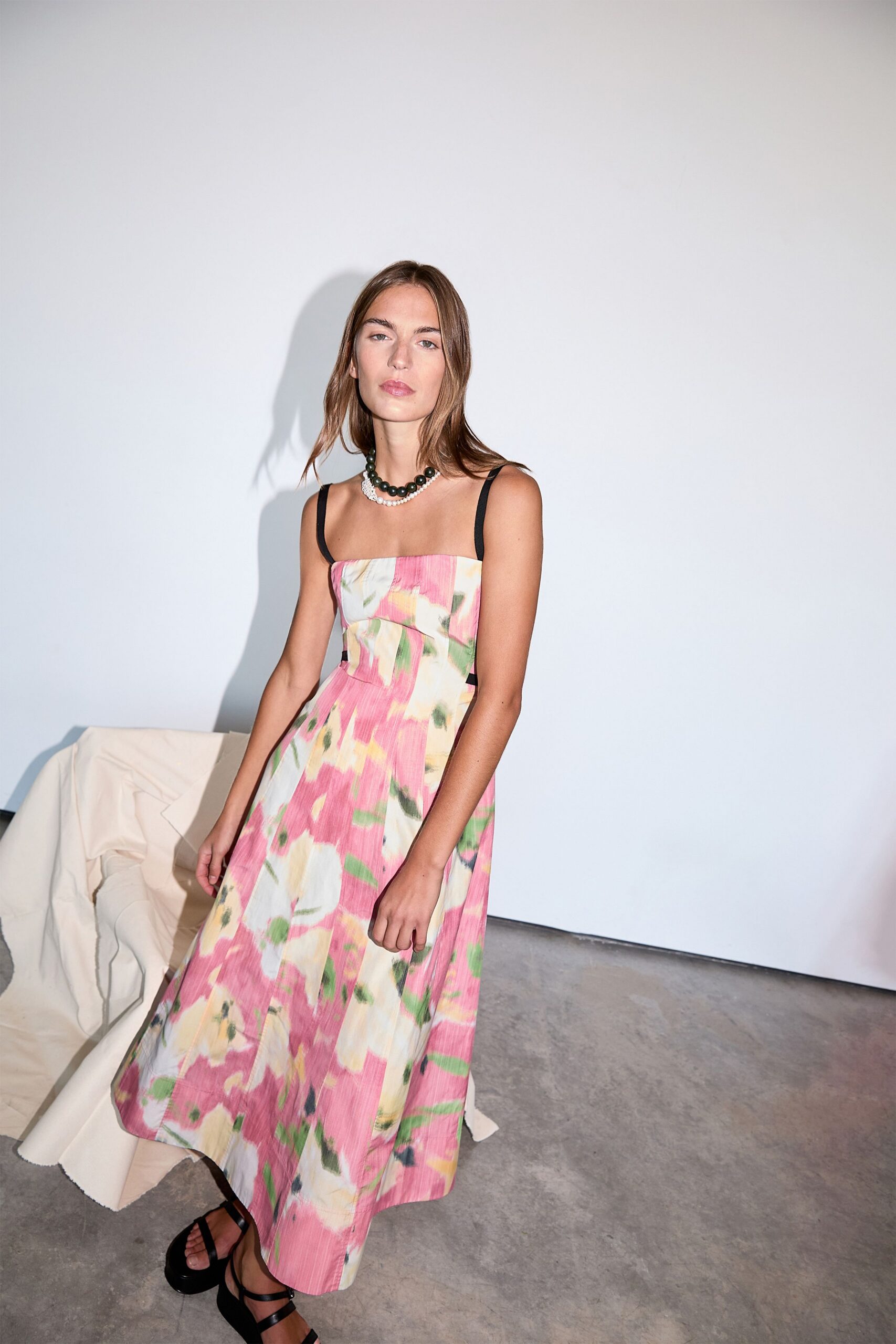 floral midi dress with black shoes