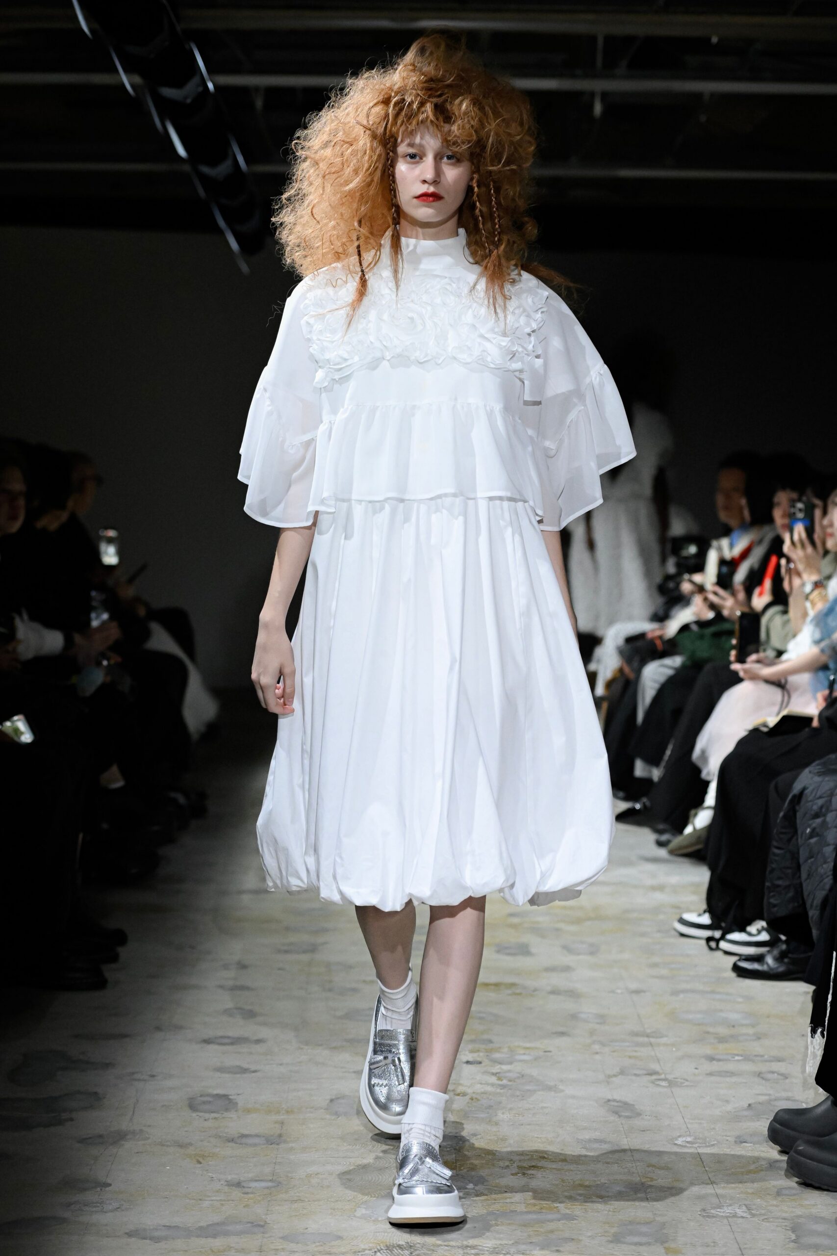 white cotton short-sleeve high-neck relaxed ruffled tiered dress