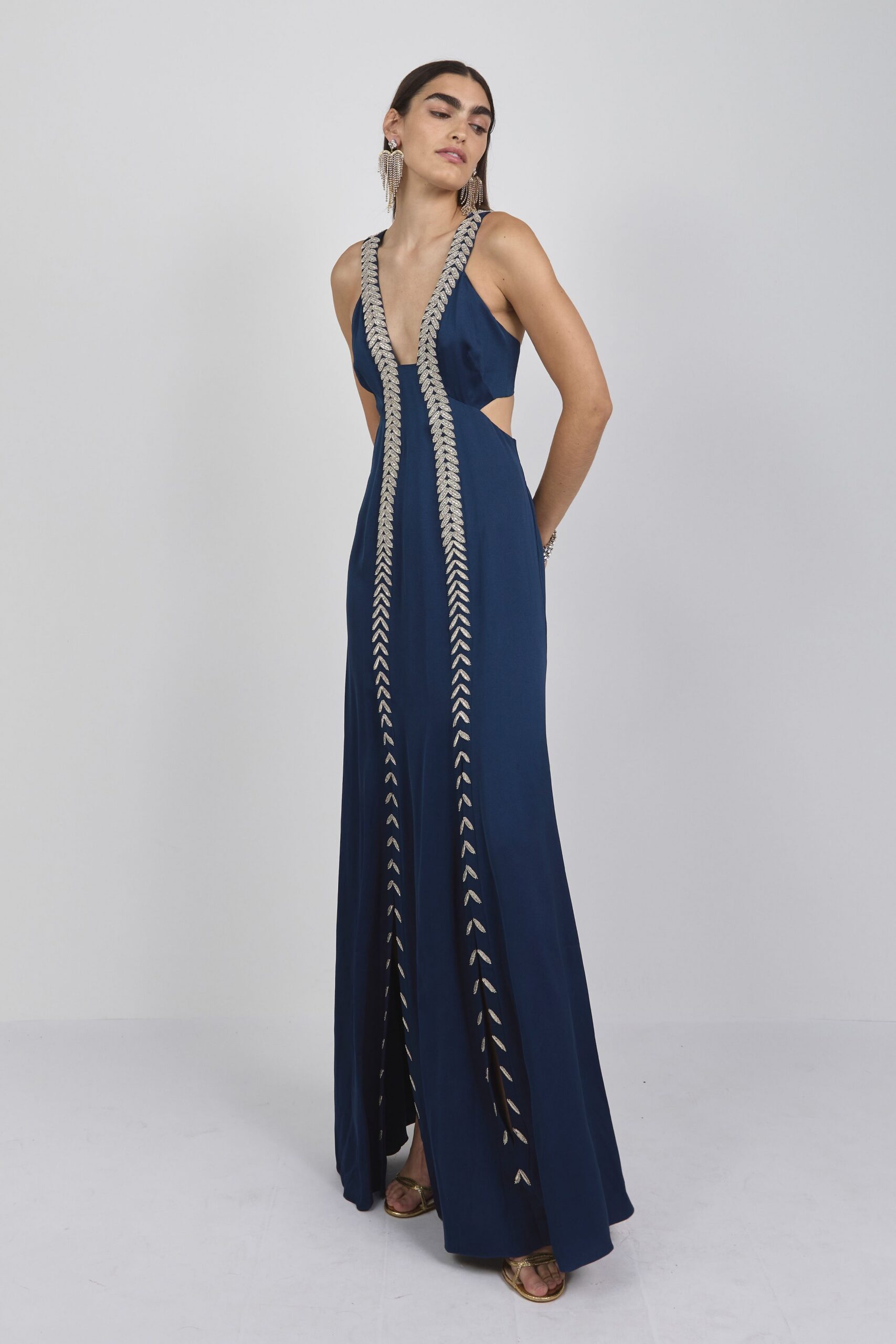 blue silk sleeveless v-neck fitted embroidered maxi gown