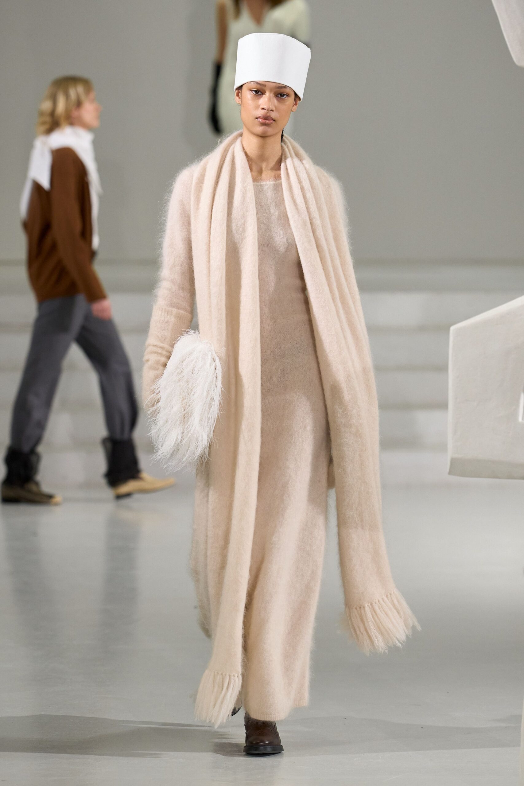 beige wool long-sleeve high-neck fitted straight-leg maxi dress