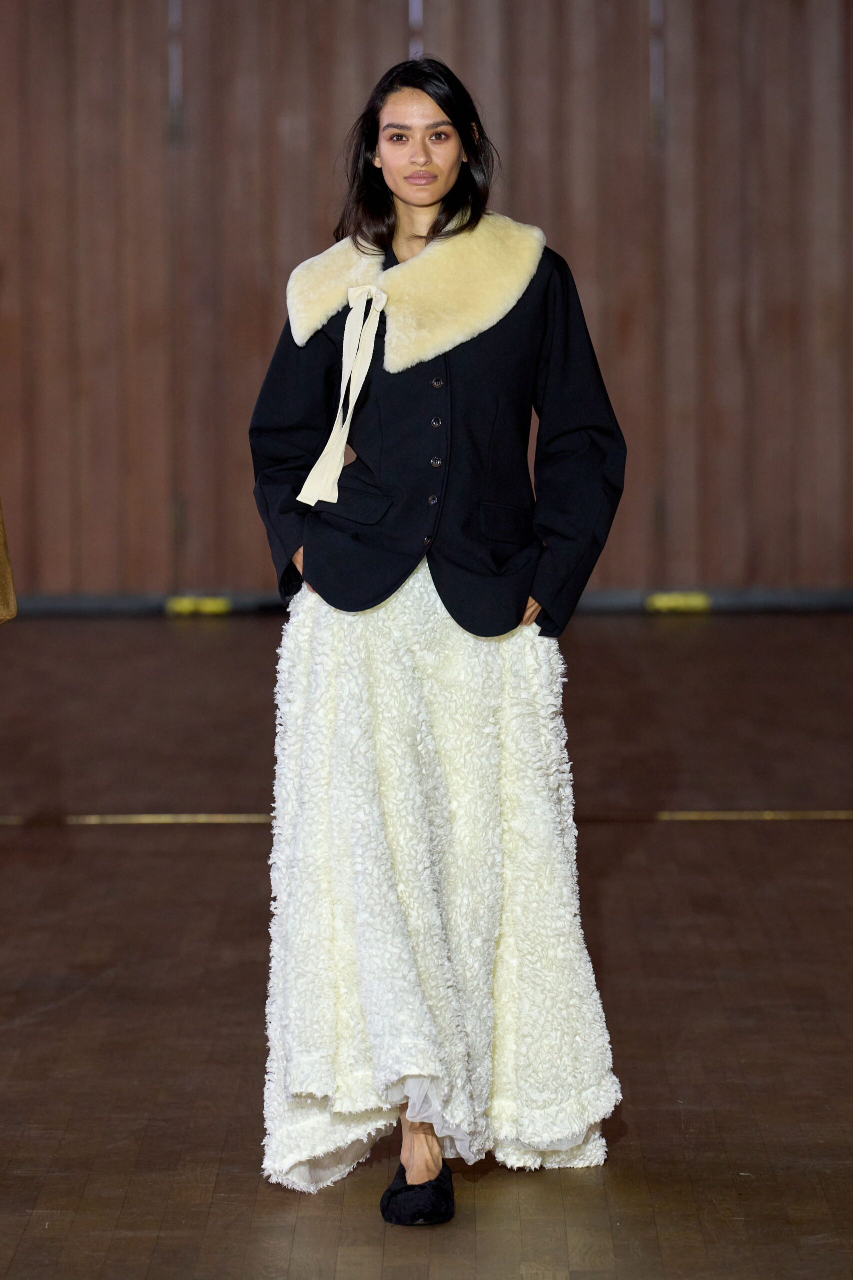 black jacket white layered dress