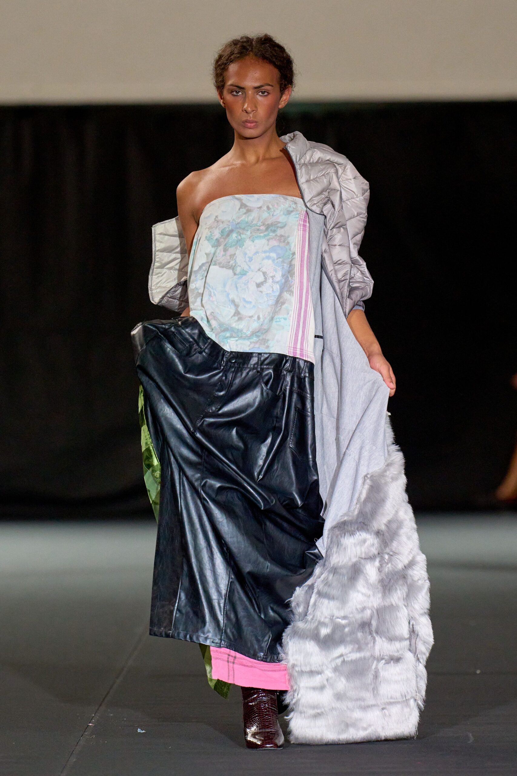 gray silk strapless relaxed draped layered maxi gown