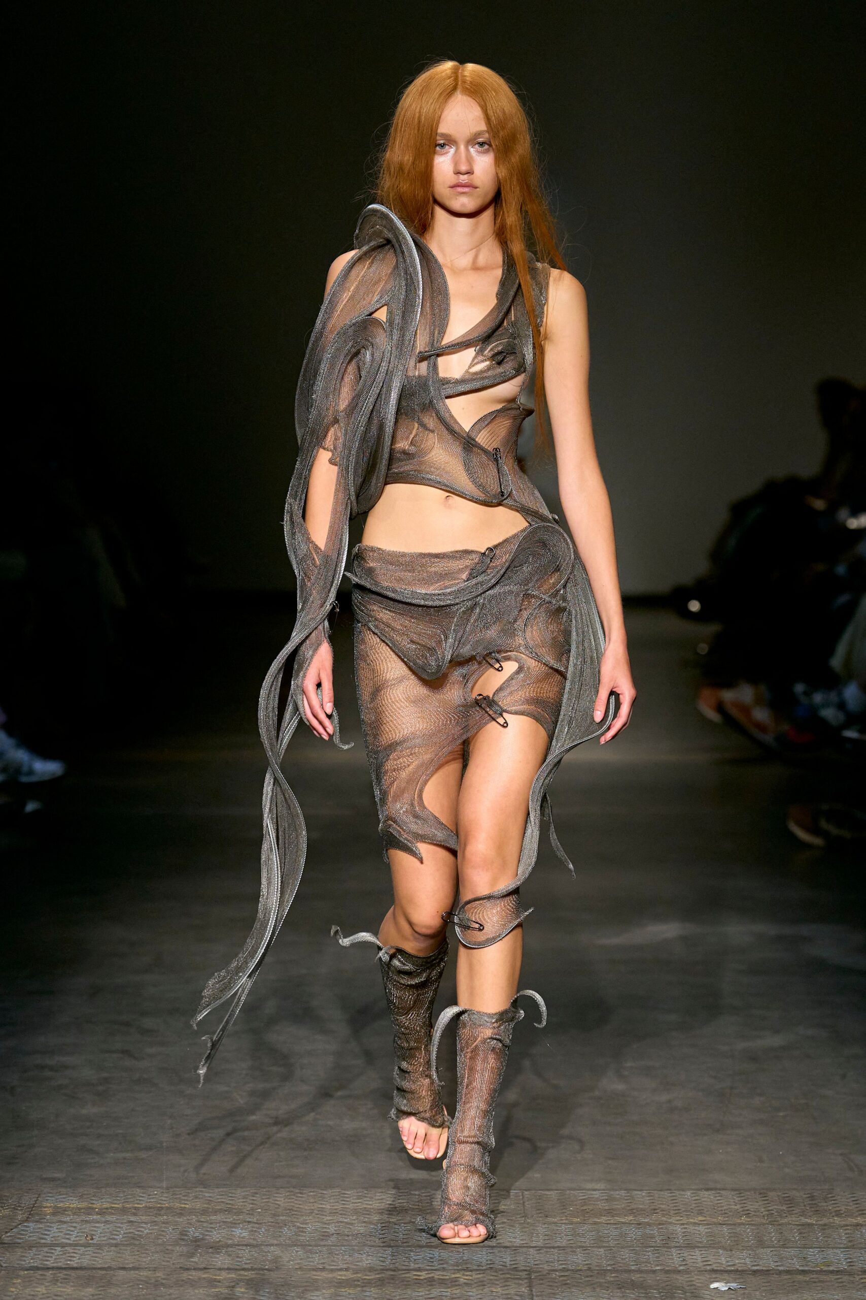 brown mesh sleeveless v-neck fitted tiered draped dress