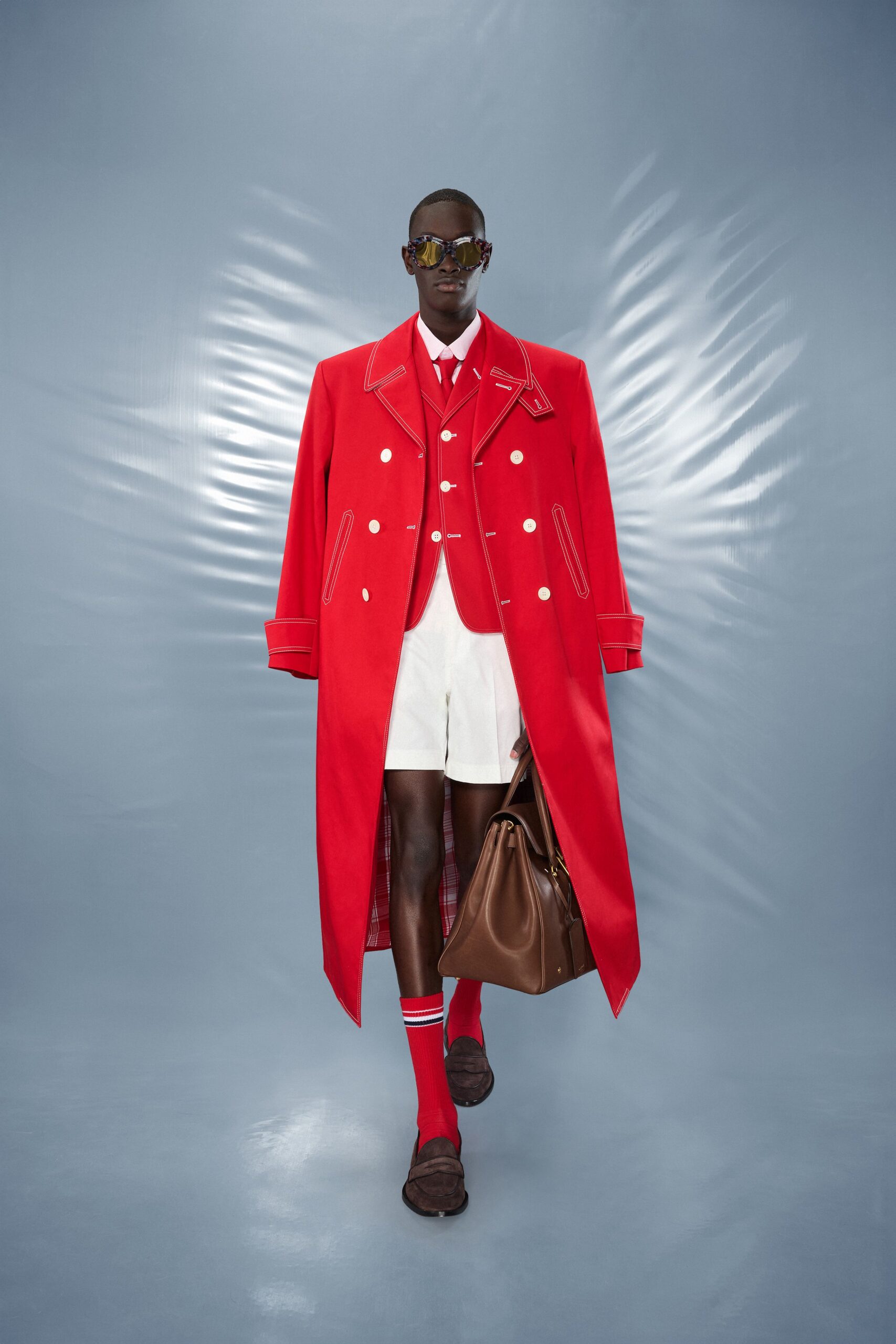 red long-sleeve collared fitted maxi coat