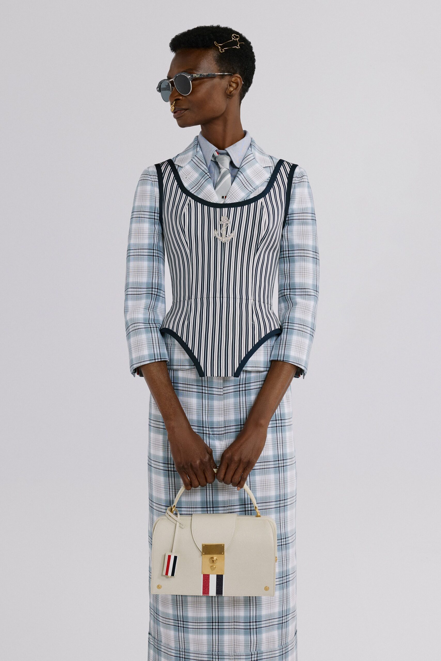 blue cotton sleeveless v-neck fitted striped corset