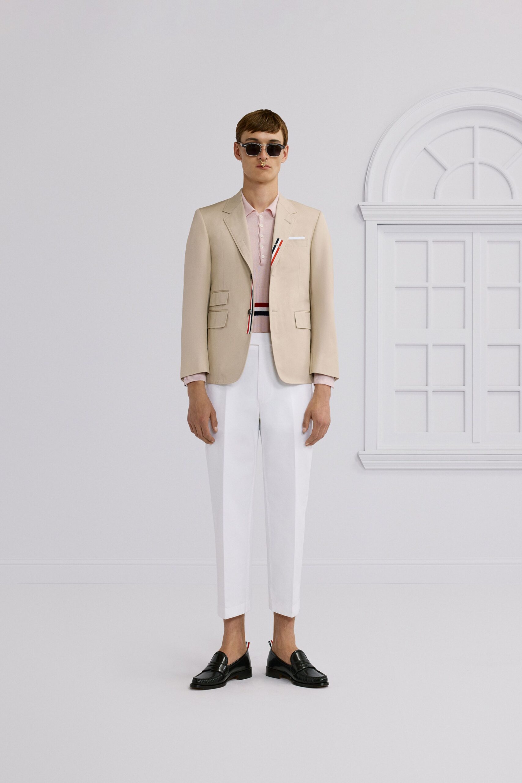 beige tailored blazer with pink shirt