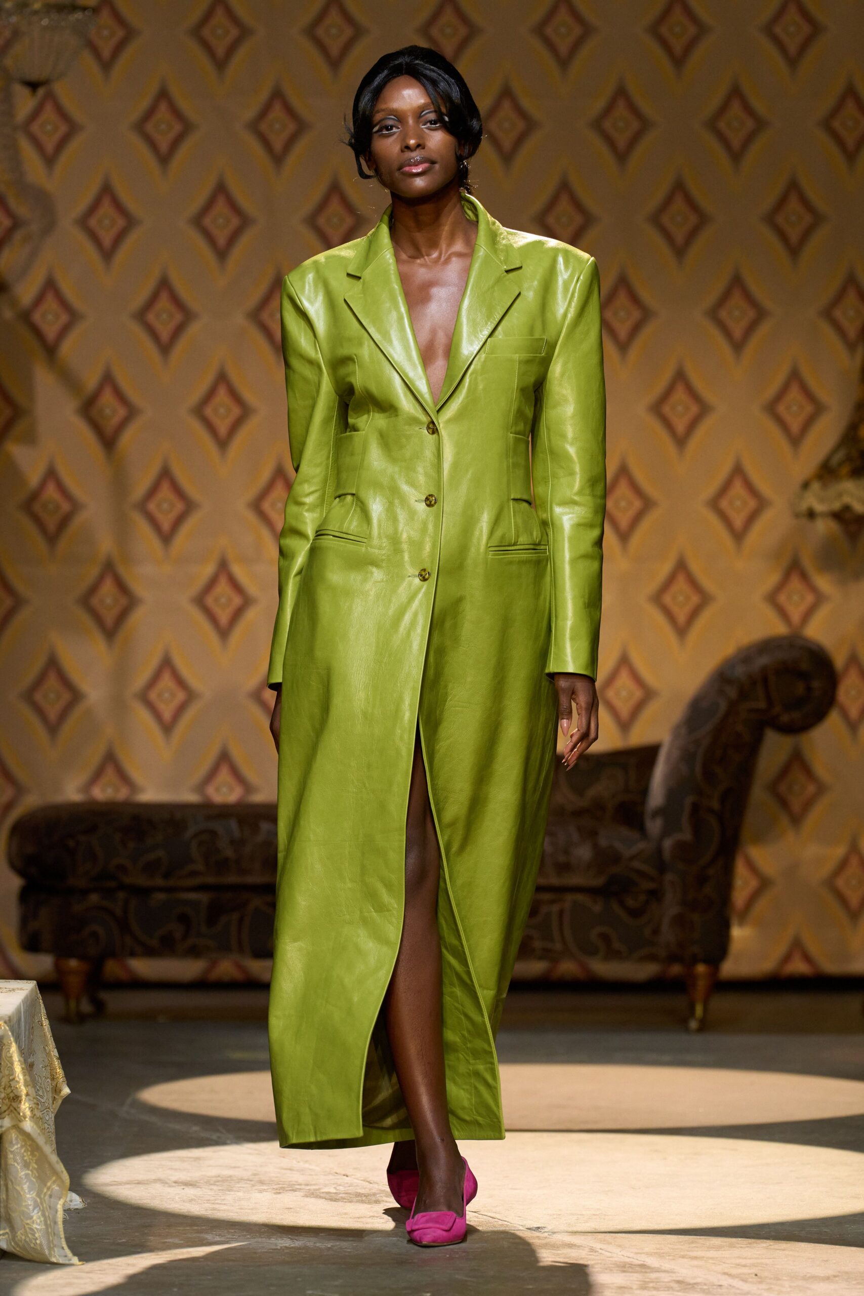 green leather long-sleeve v-neck fitted buttoned shiny dress