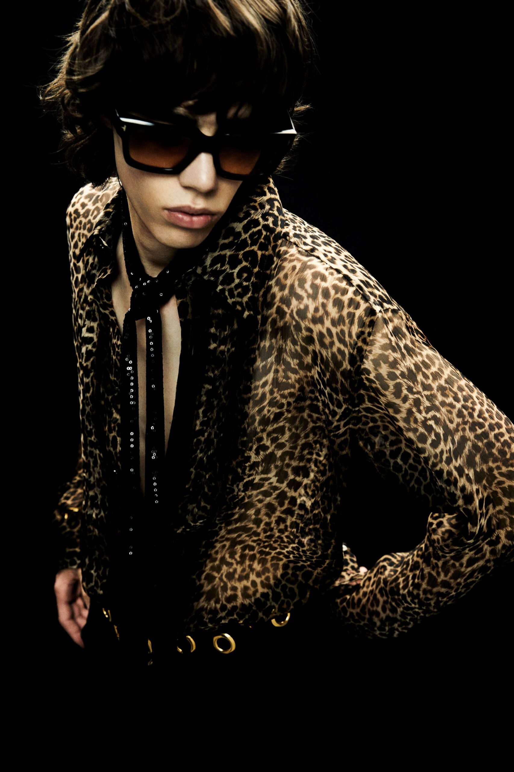 brown silk long-sleeve collared fitted animal-print sheer shirt