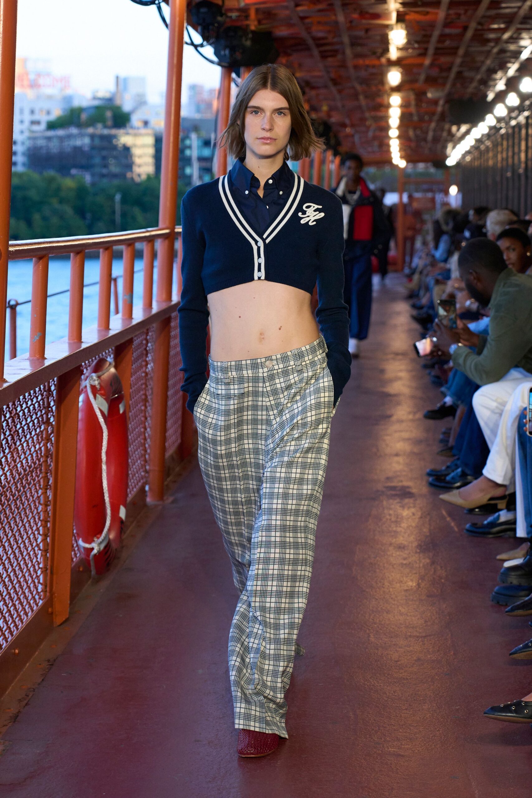 blue cotton long-sleeve collared fitted buttoned cropped cardigan