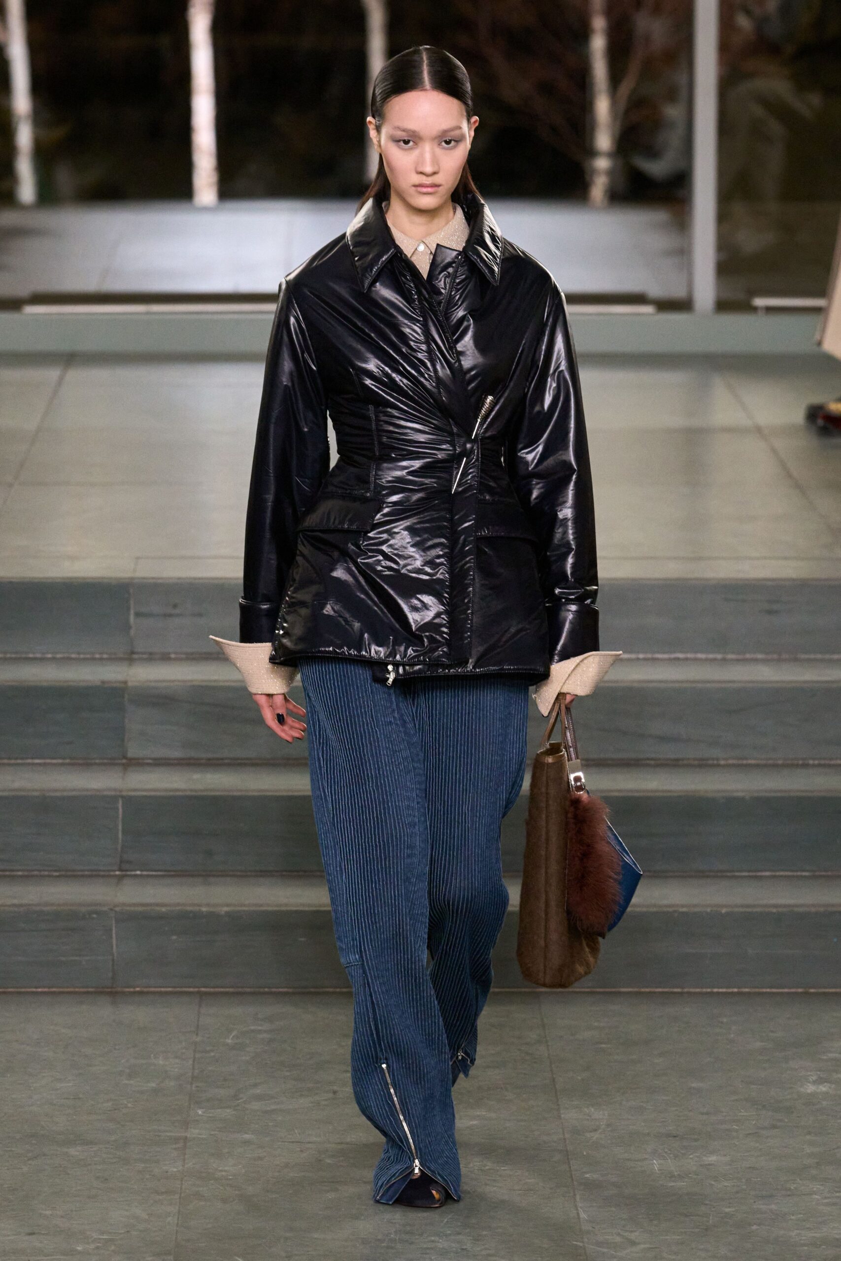 black vinyl long-sleeve collared fitted zippered shiny jacket