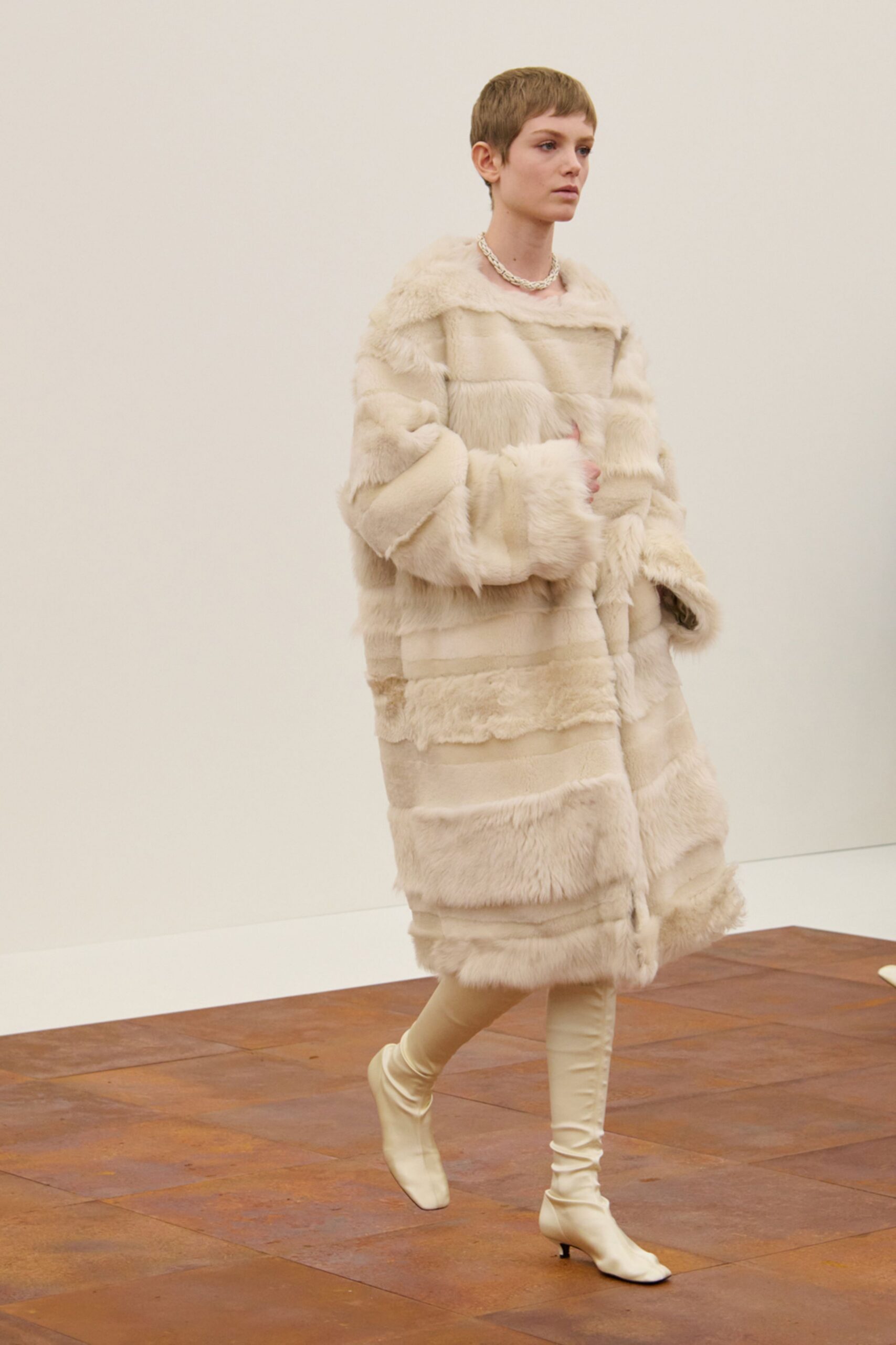 beige faux-fur oversized layered coat