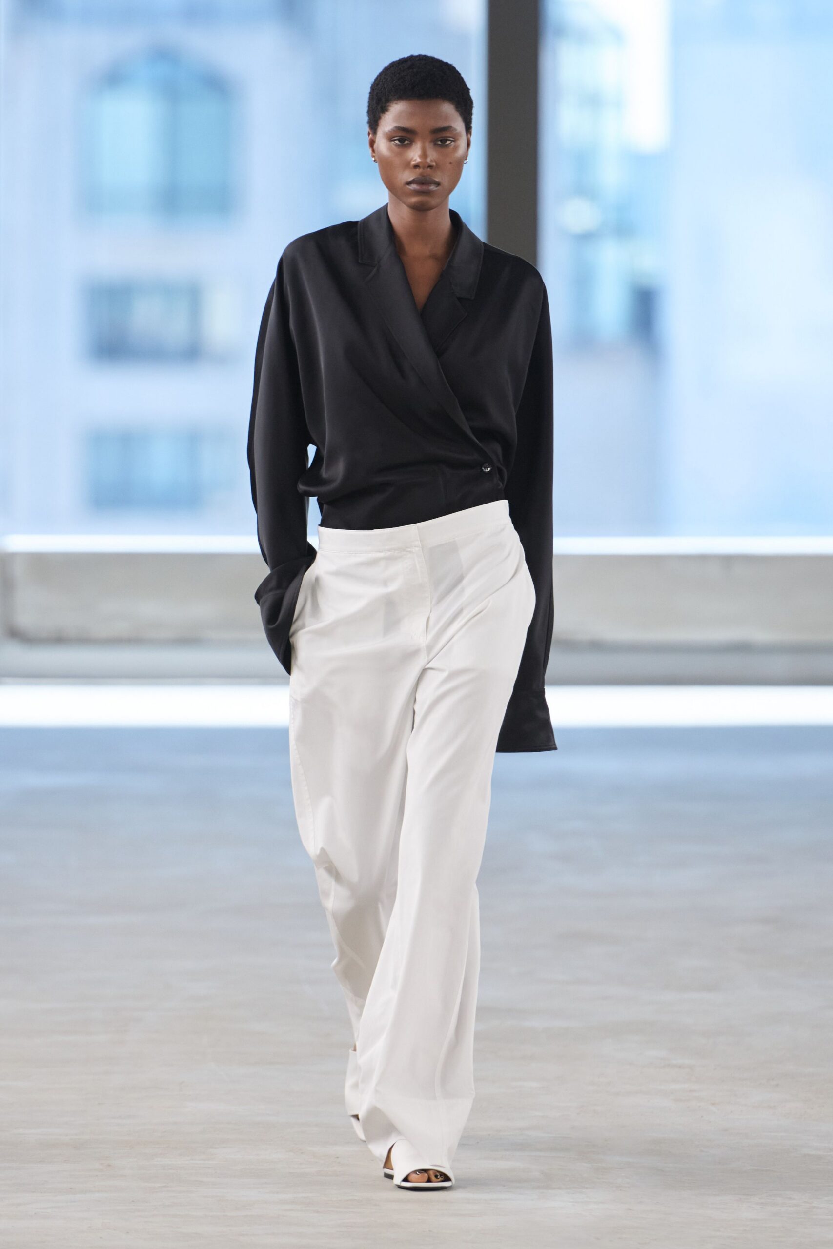 black silk blouse white tailored pants