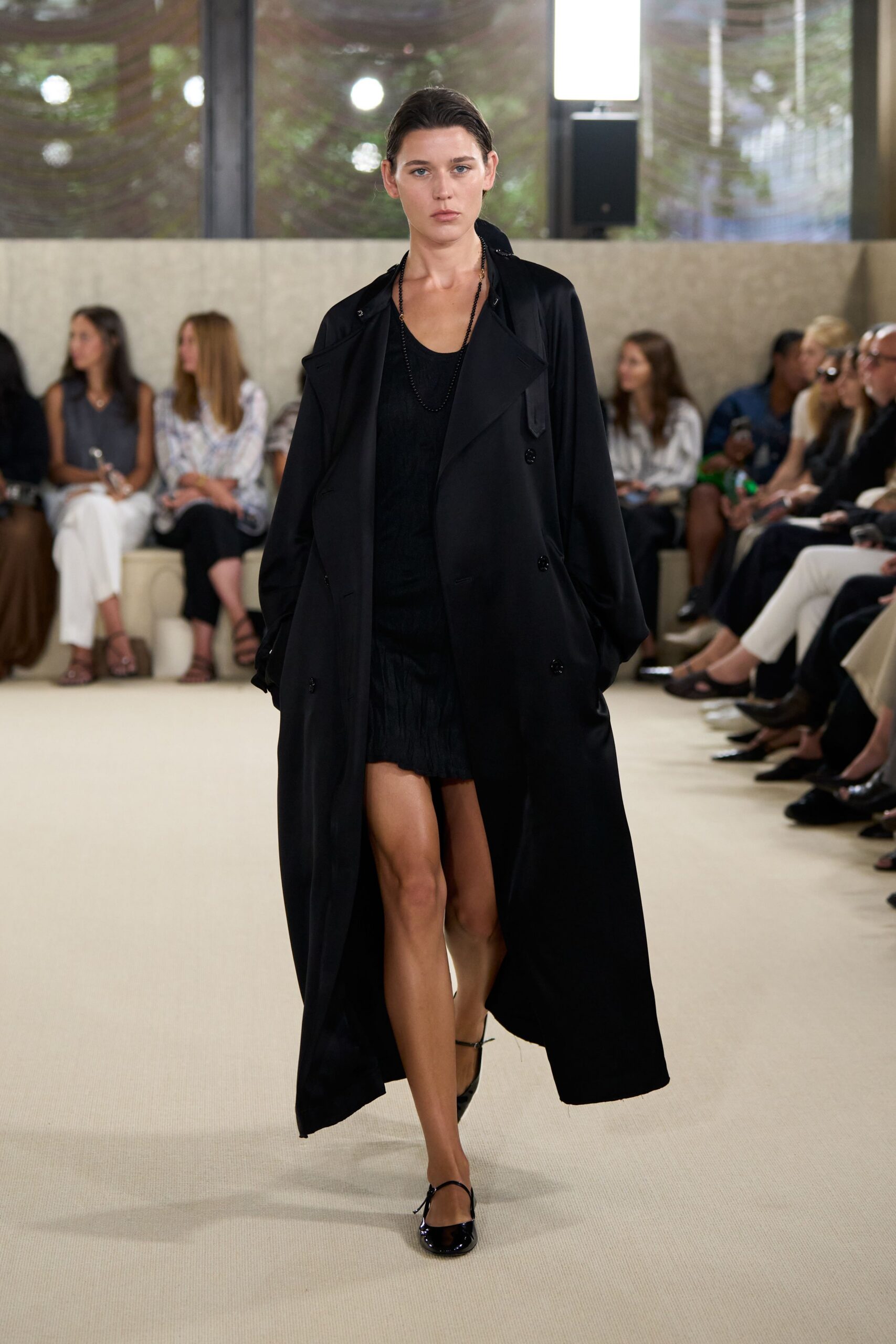 black silk long-sleeve collared relaxed buttoned coat