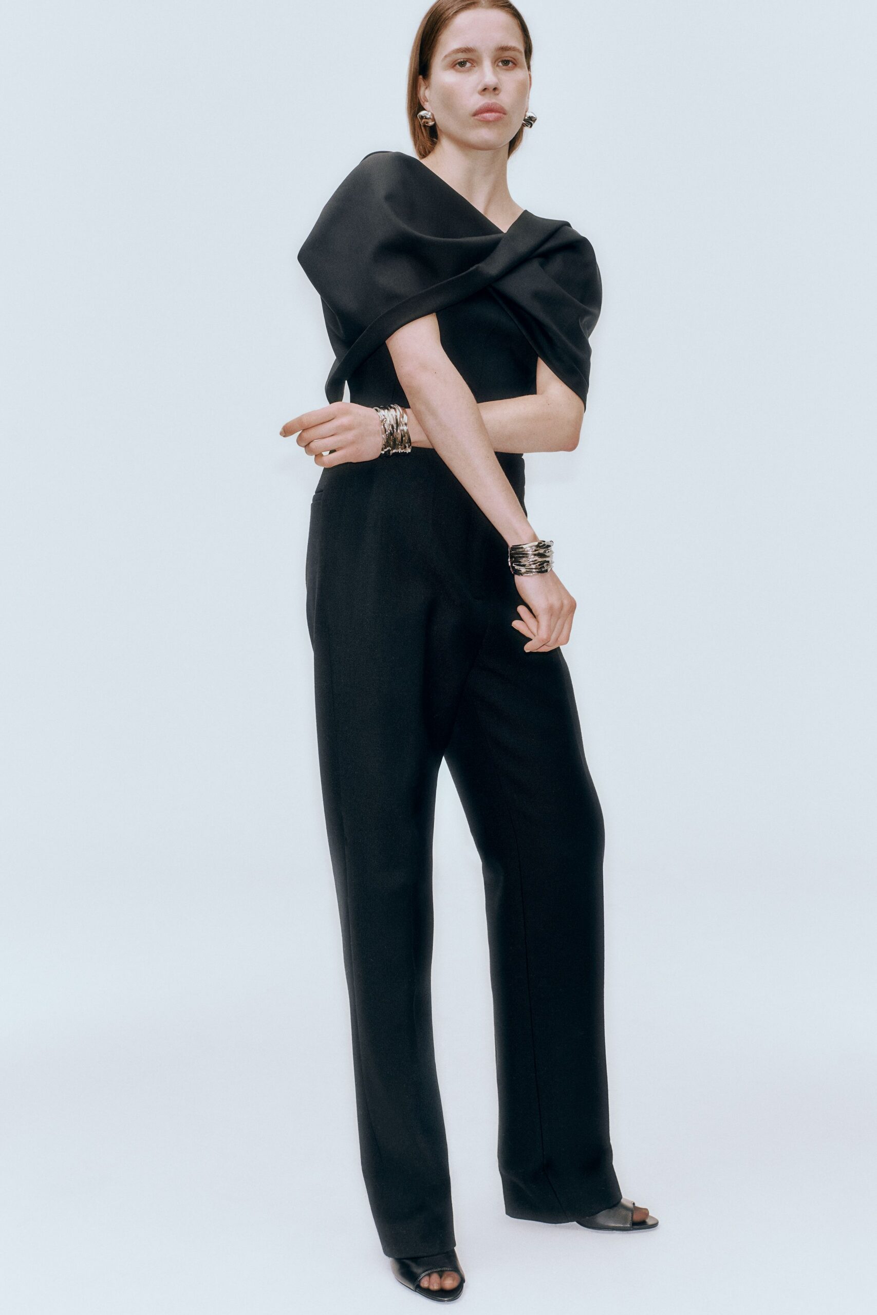 black silk off-shoulder jumpsuit