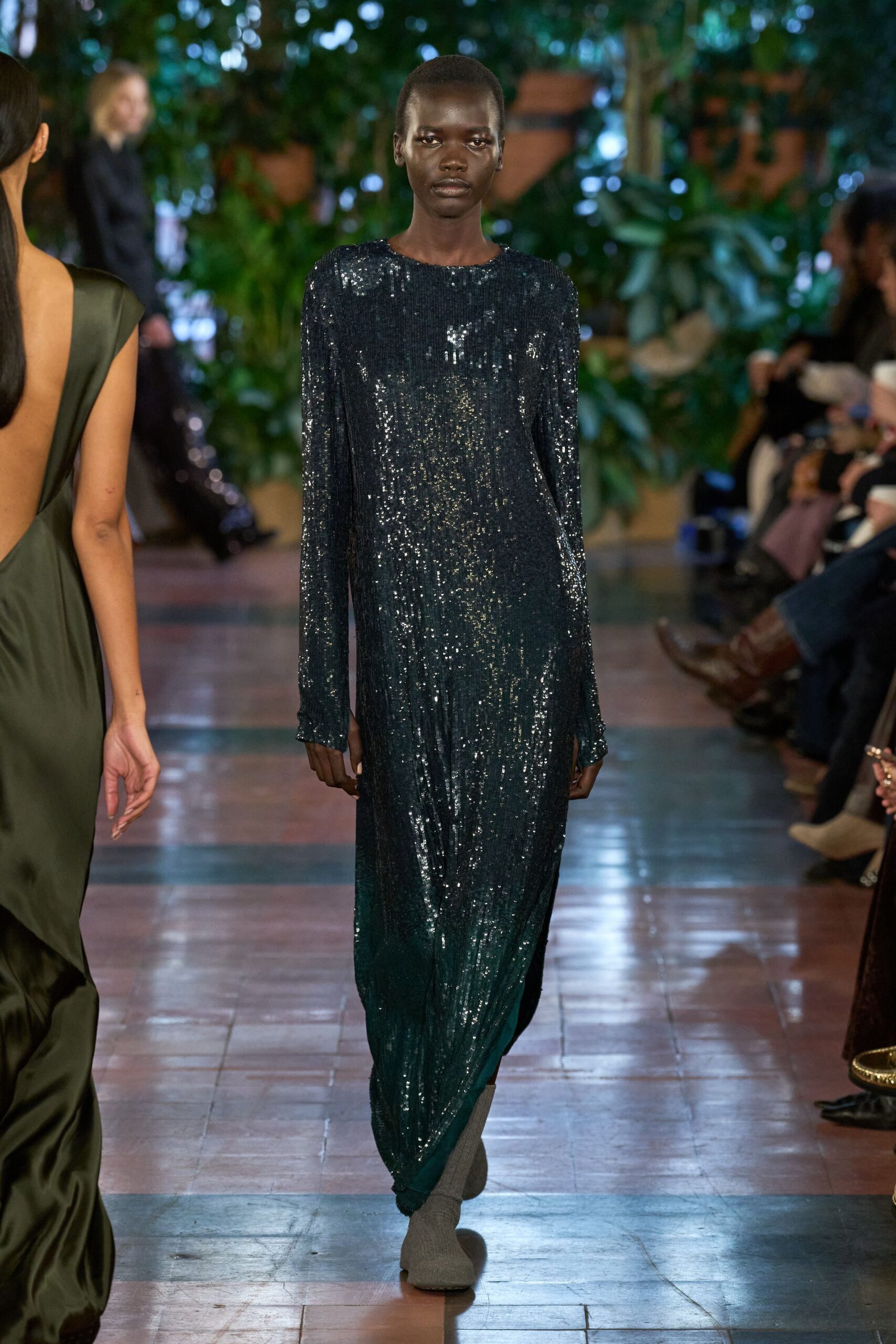blue green sequin long-sleeve gown