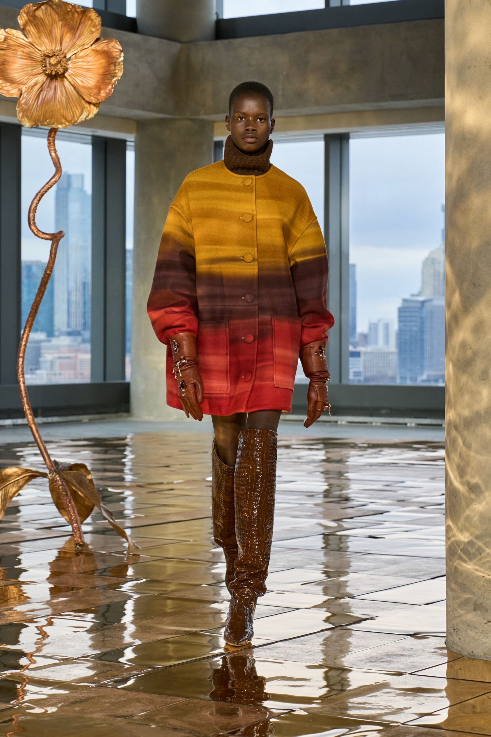 orange wool long-sleeve collared oversized color-blocked short coat