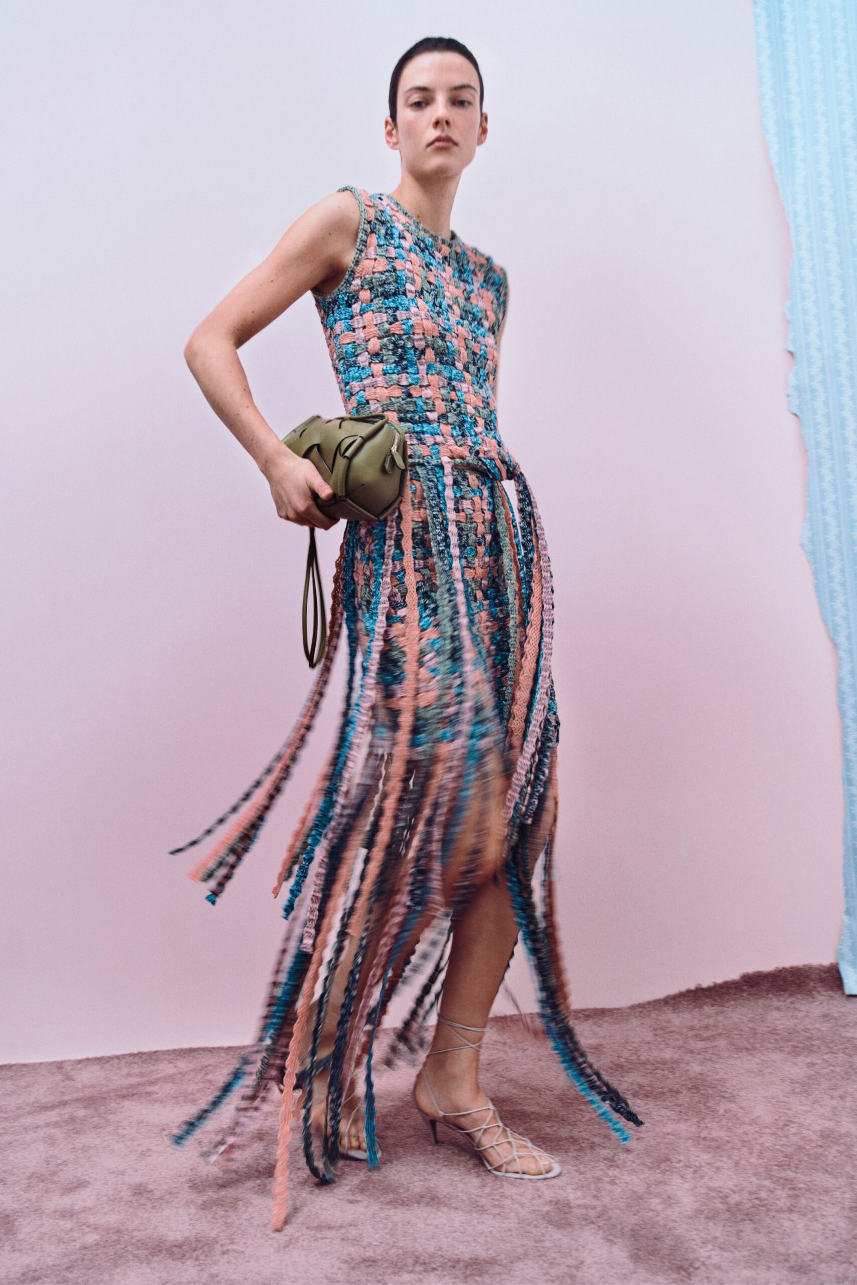 blue cotton sleeveless collared fitted fringed layered dress