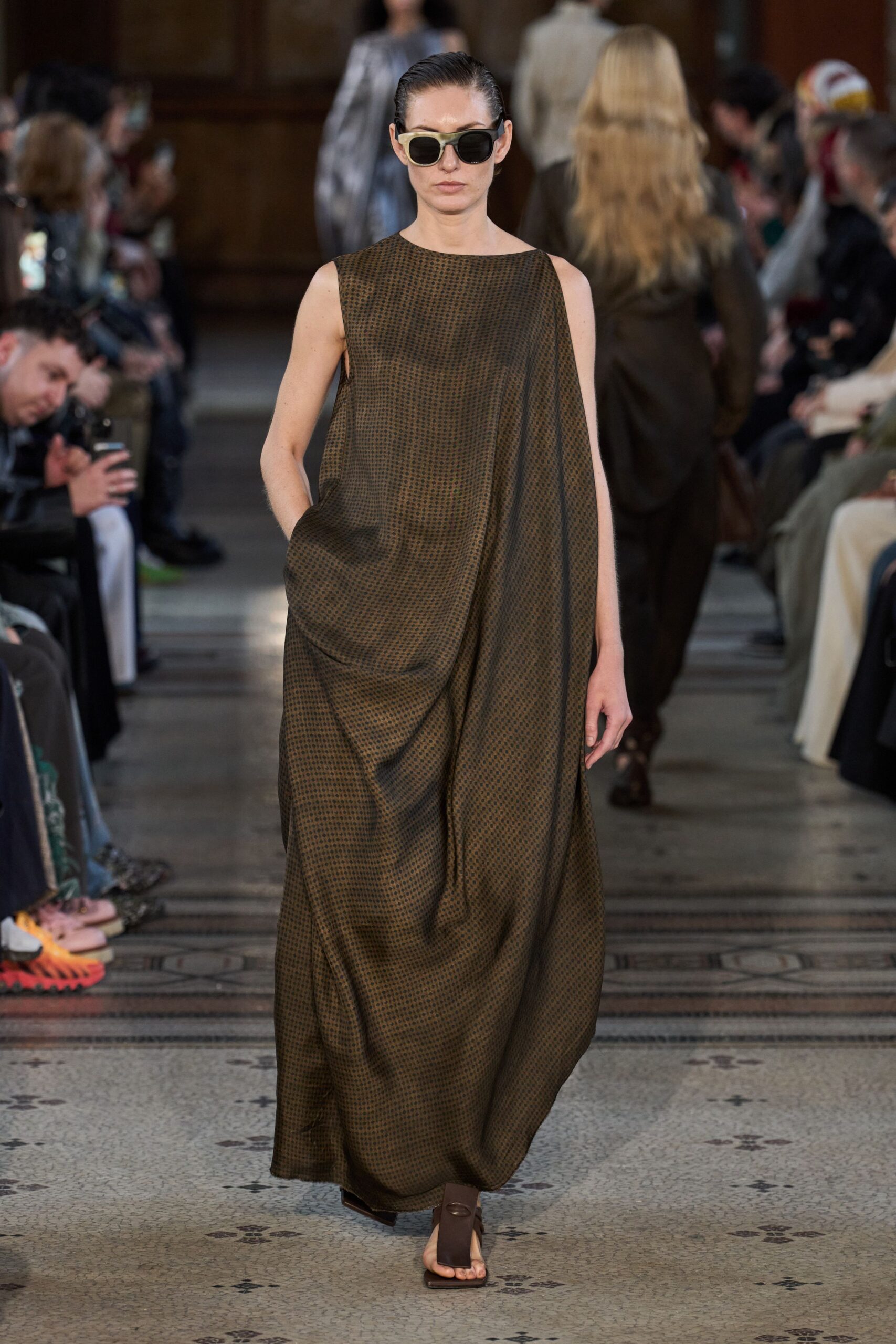 brown silk sleeveless high-neck relaxed draped flowing dress