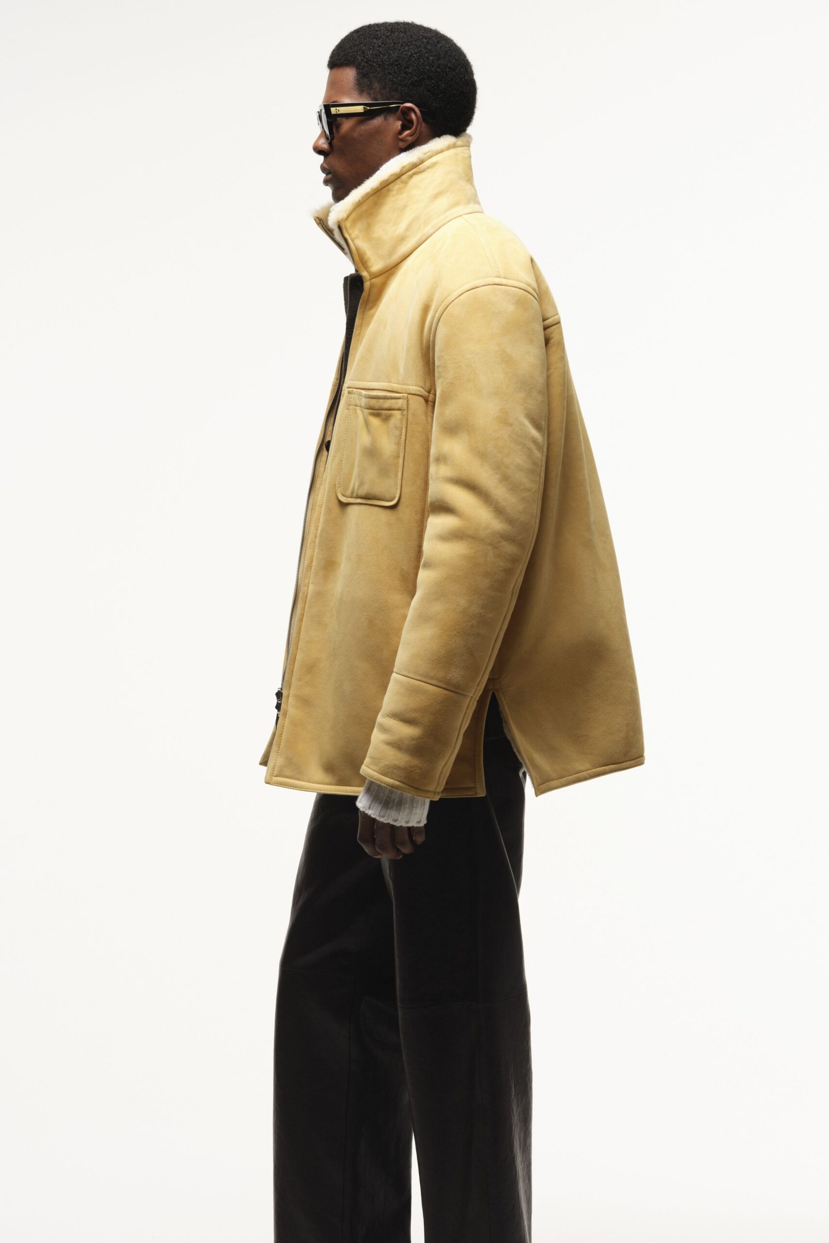 yellow leather long-sleeve collared oversized pockets jacket