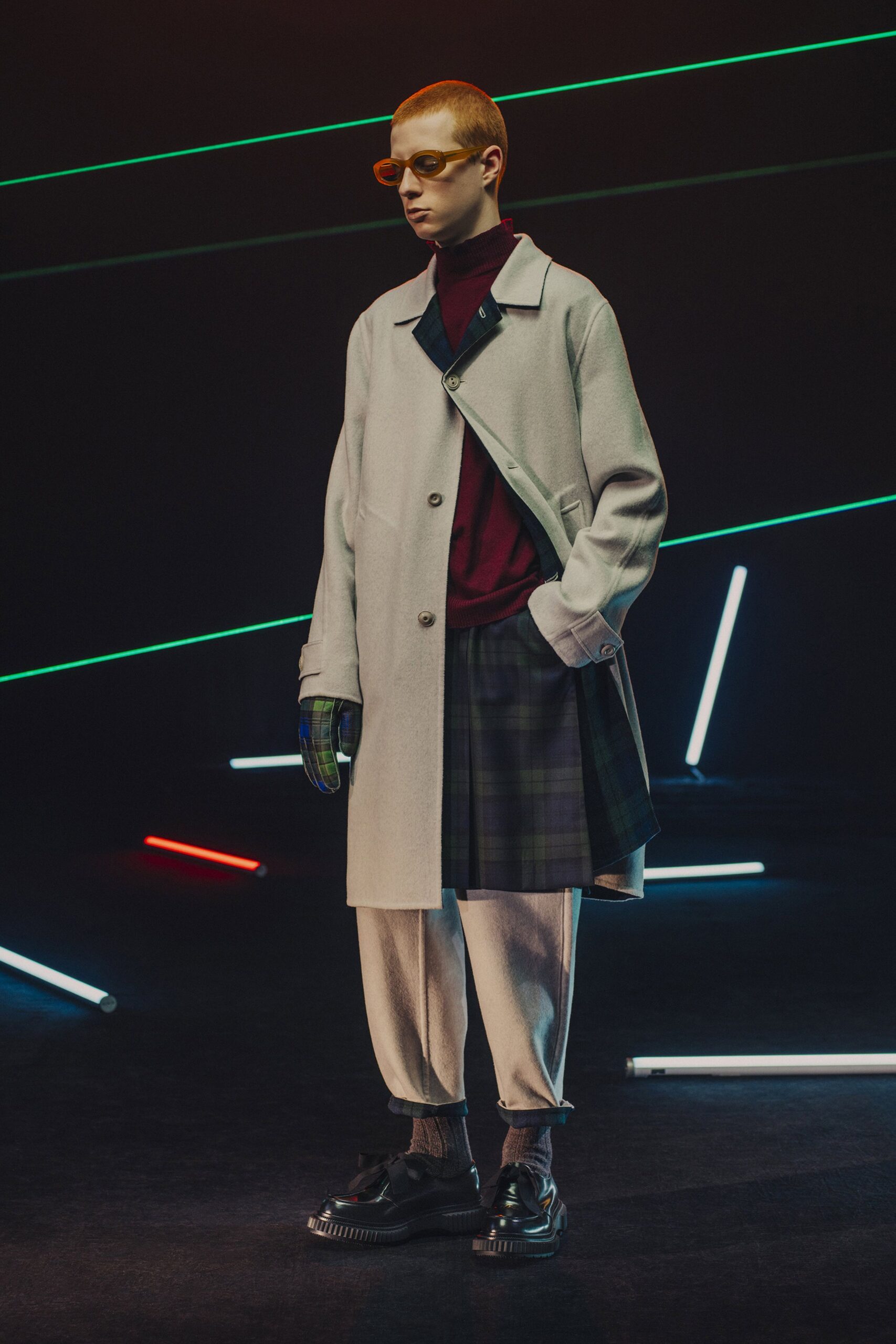 gray wool coat with plaid skirt